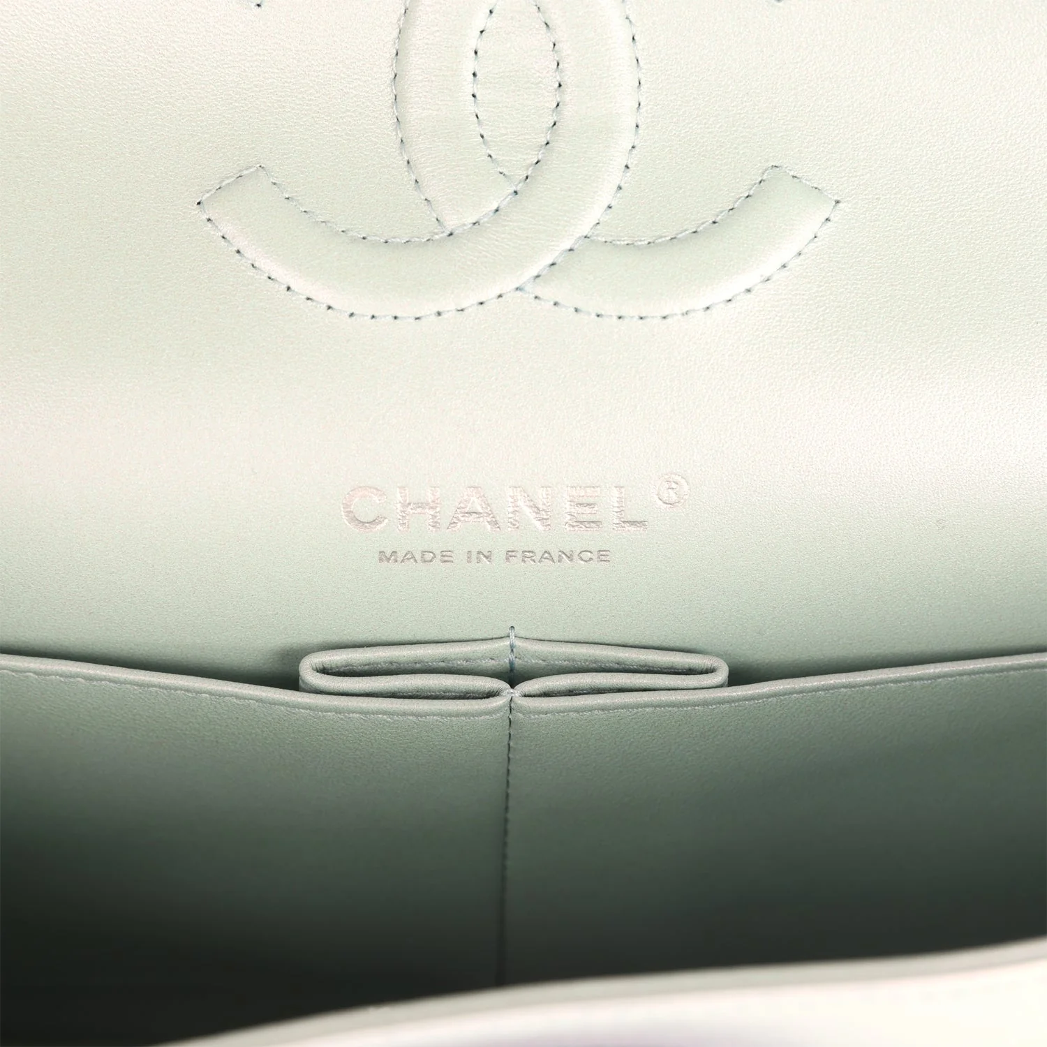 Pre-owned Chanel Medium Classic Double Flap Bag Light Blue Iridescent Calfskin Silver Hardware