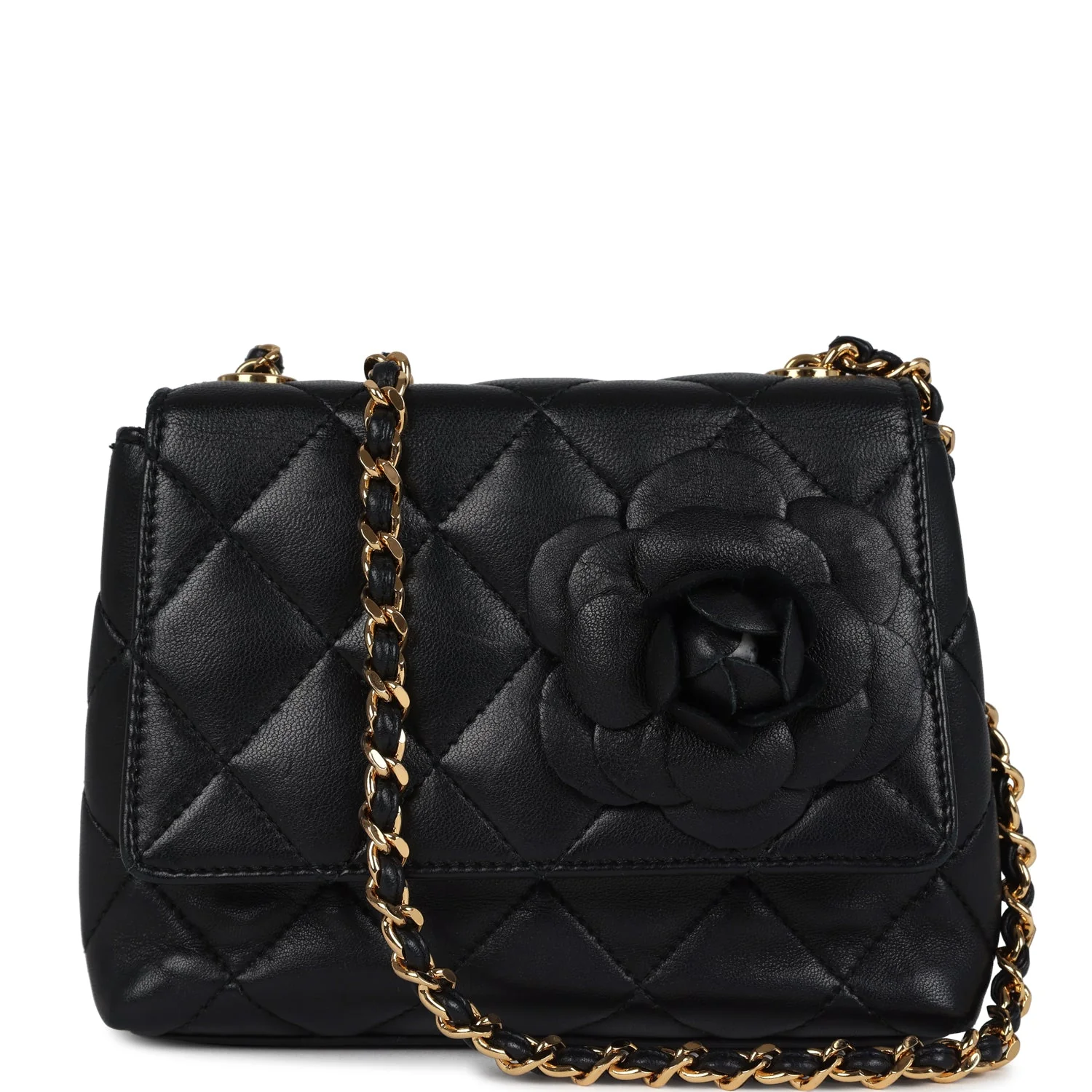 Vintage Chanel Mini Camellia Flap Bag Black Lambskin Gold Hardware