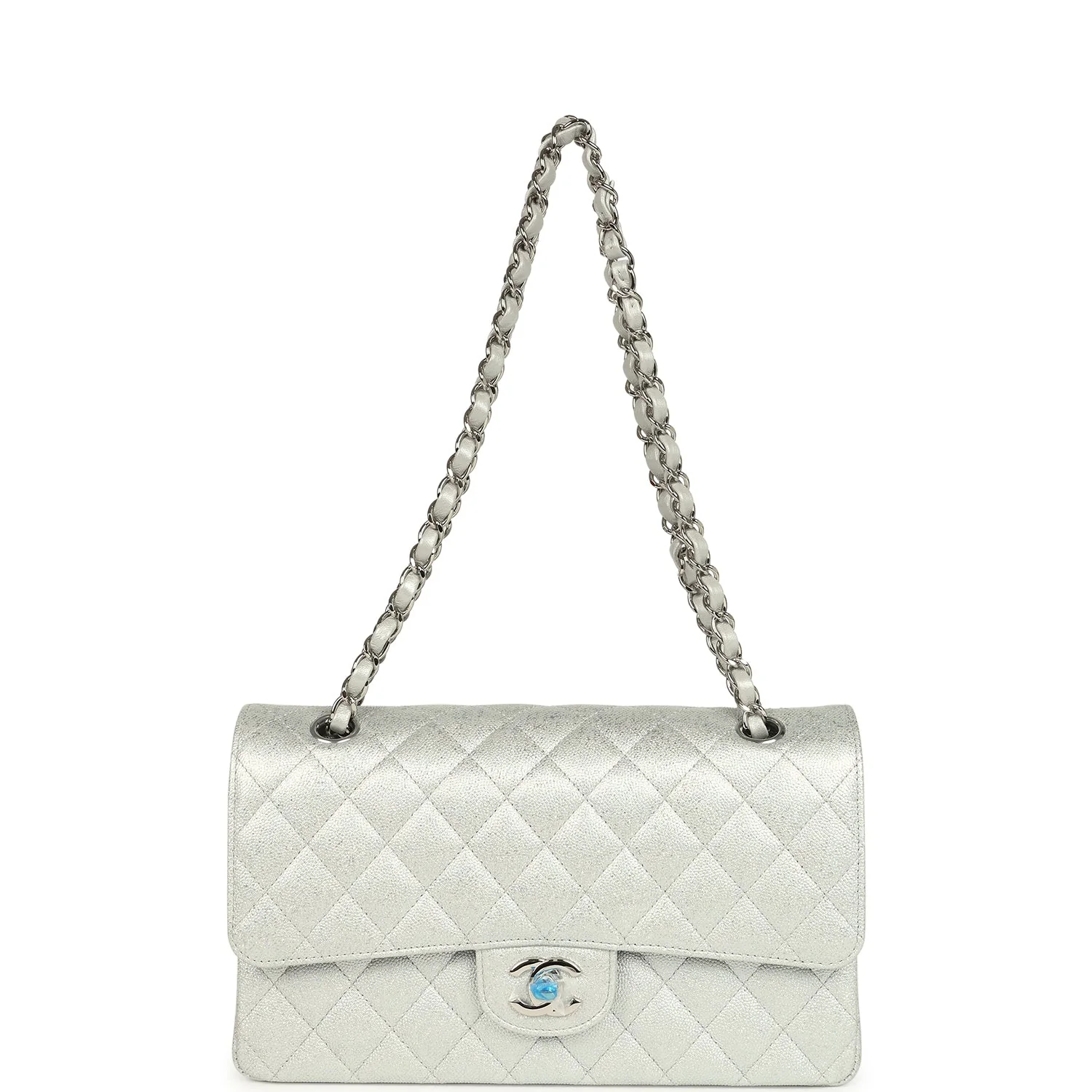 Chanel Medium Classic Double Flap Silver Glitter Caviar Silver Hardware