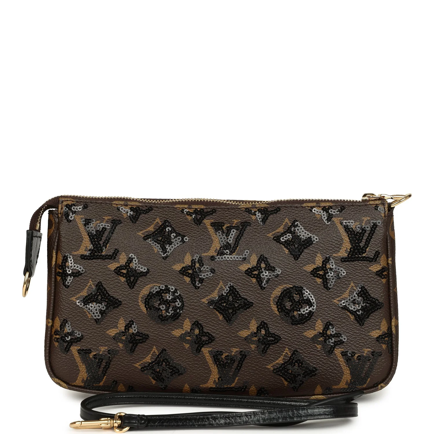 Louis Vuitton Pochette Accessories Black and Brown Monogram Sequin Gold Hardware