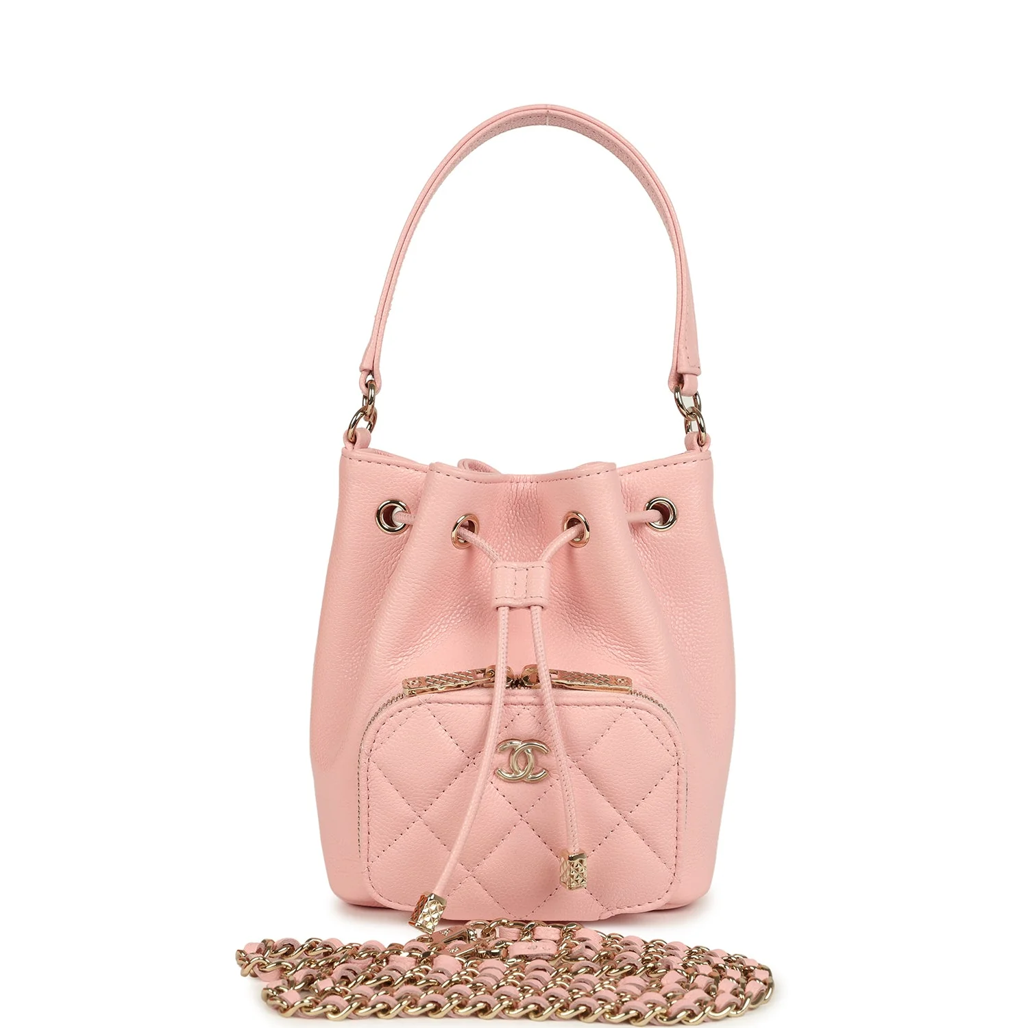Chanel Mini Top Handle Bucket Bag with Chain Pink Shiny Caviar Light Gold Hardware