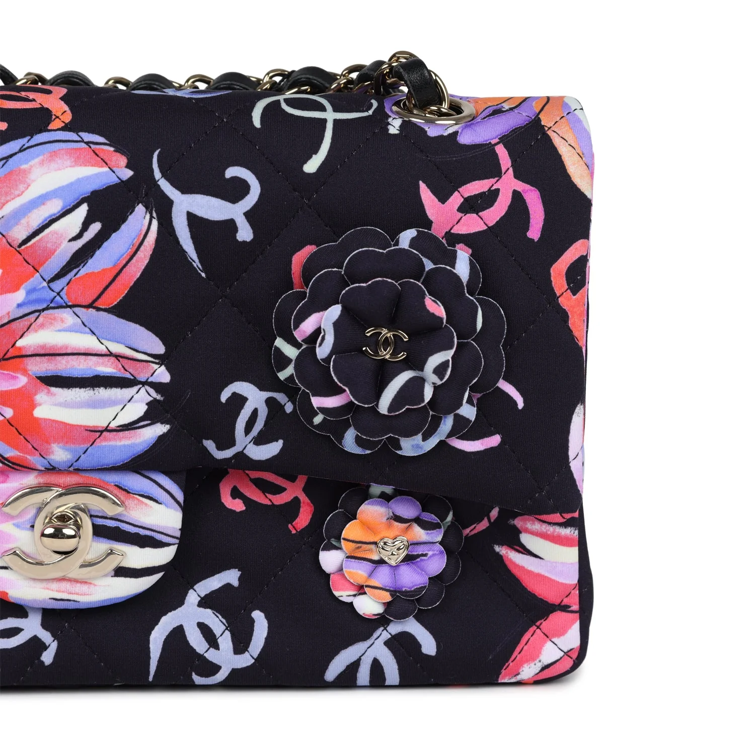 Chanel Small Flap Bag Black Multi Floral Fabric Light Gold Hardware