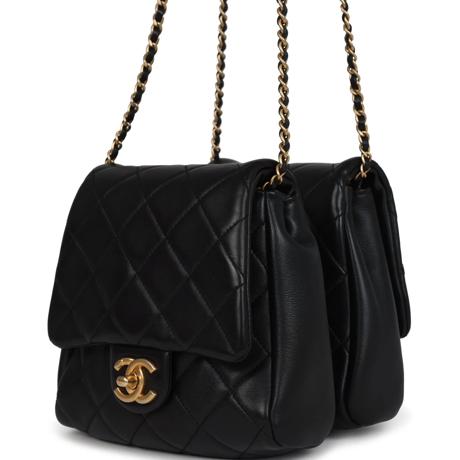 Pre-owned Chanel Twins Side Pack Black Lambskin Faux Pearls & Brushed Gold Hardware