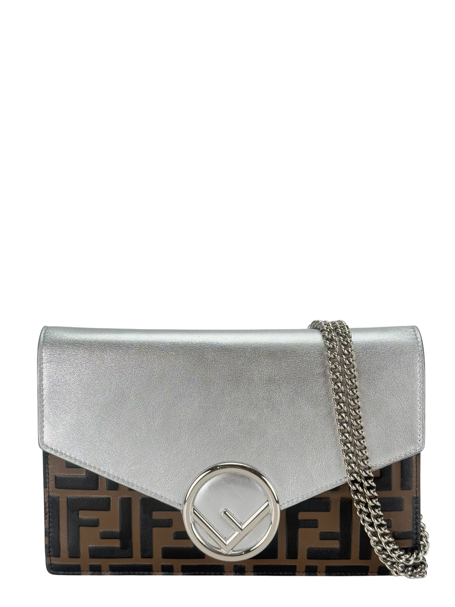 FENDI - Sliver FF Wallet On Chain leather Canvas handbag