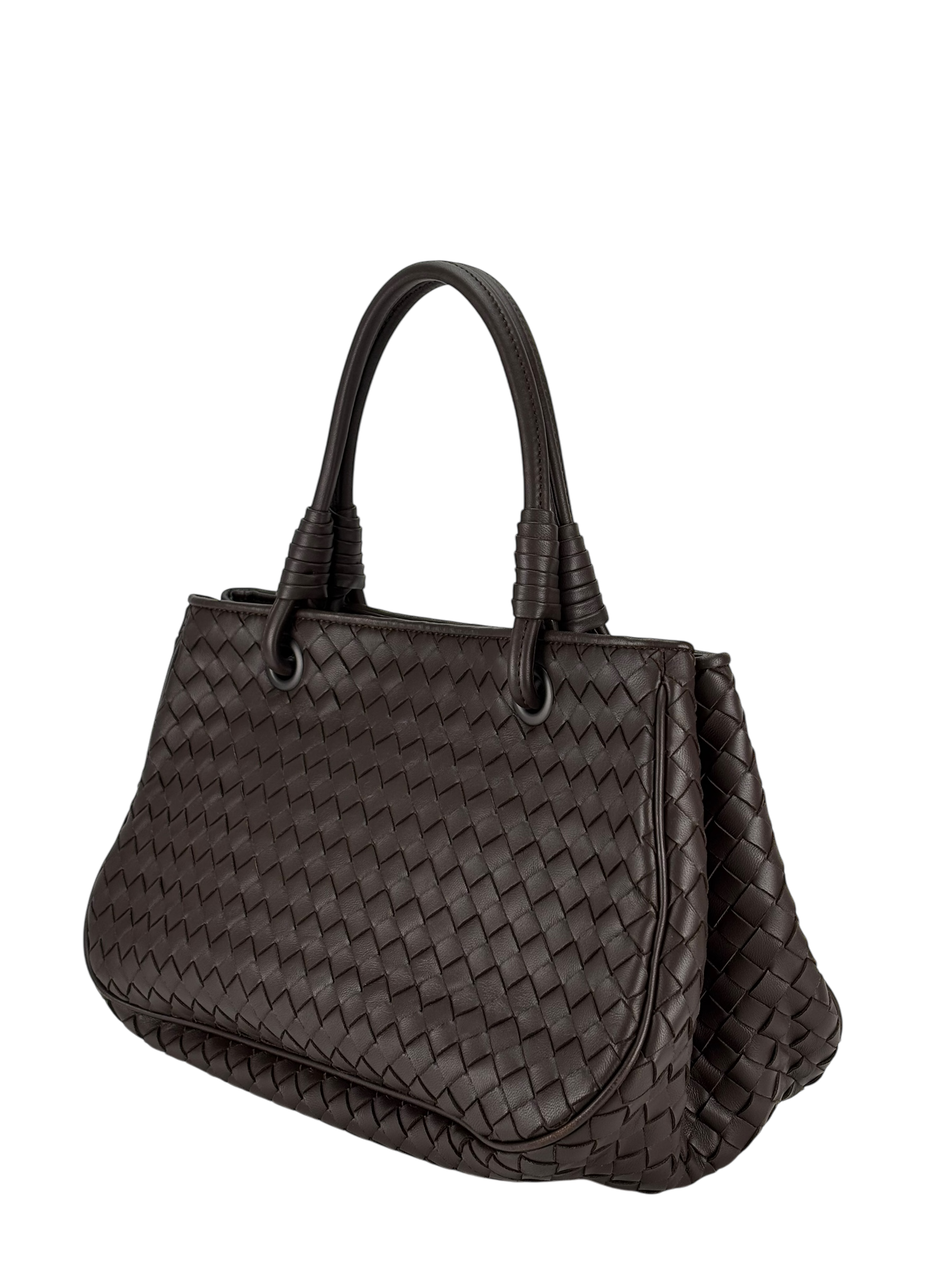BOTTEGA VENETA - Ebano Dark Brown Lambskin Intrecciato Satchel Handbag Tote Bag
