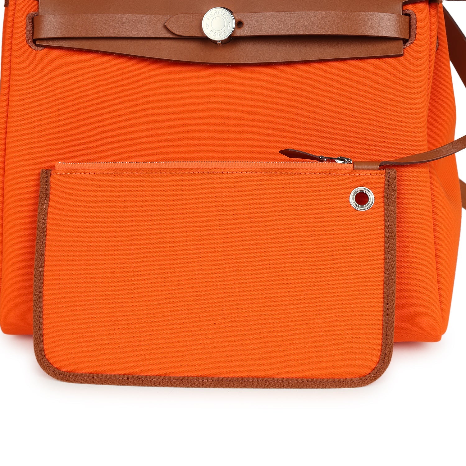 Pre-owned Hermes Herbag Zip PM 31 Orange Minium Toile H Canvas and Fauve Vache Hunter Palladium Hardware