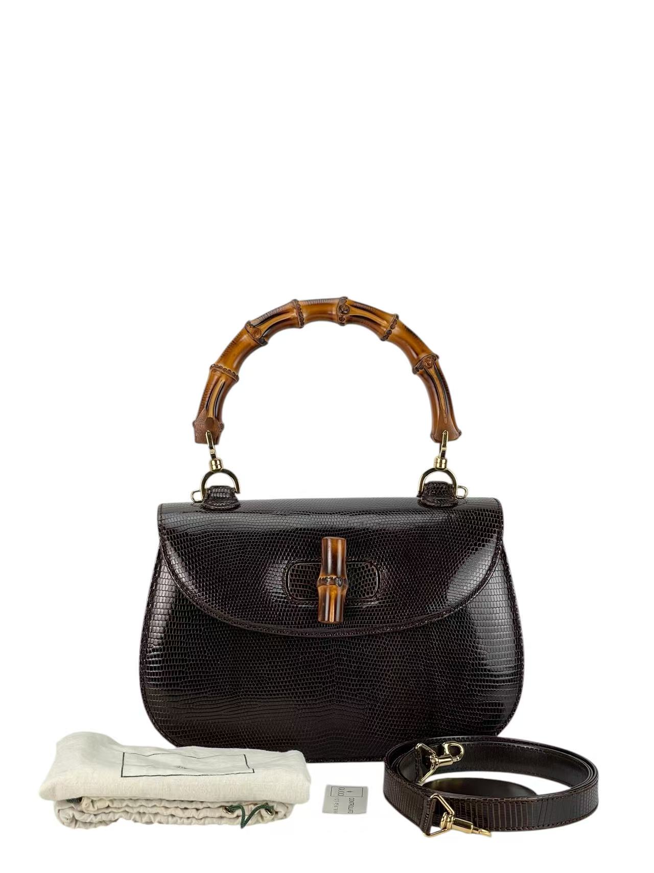 GUCCI - Brown Lizard Leather Bamboo Handbag
