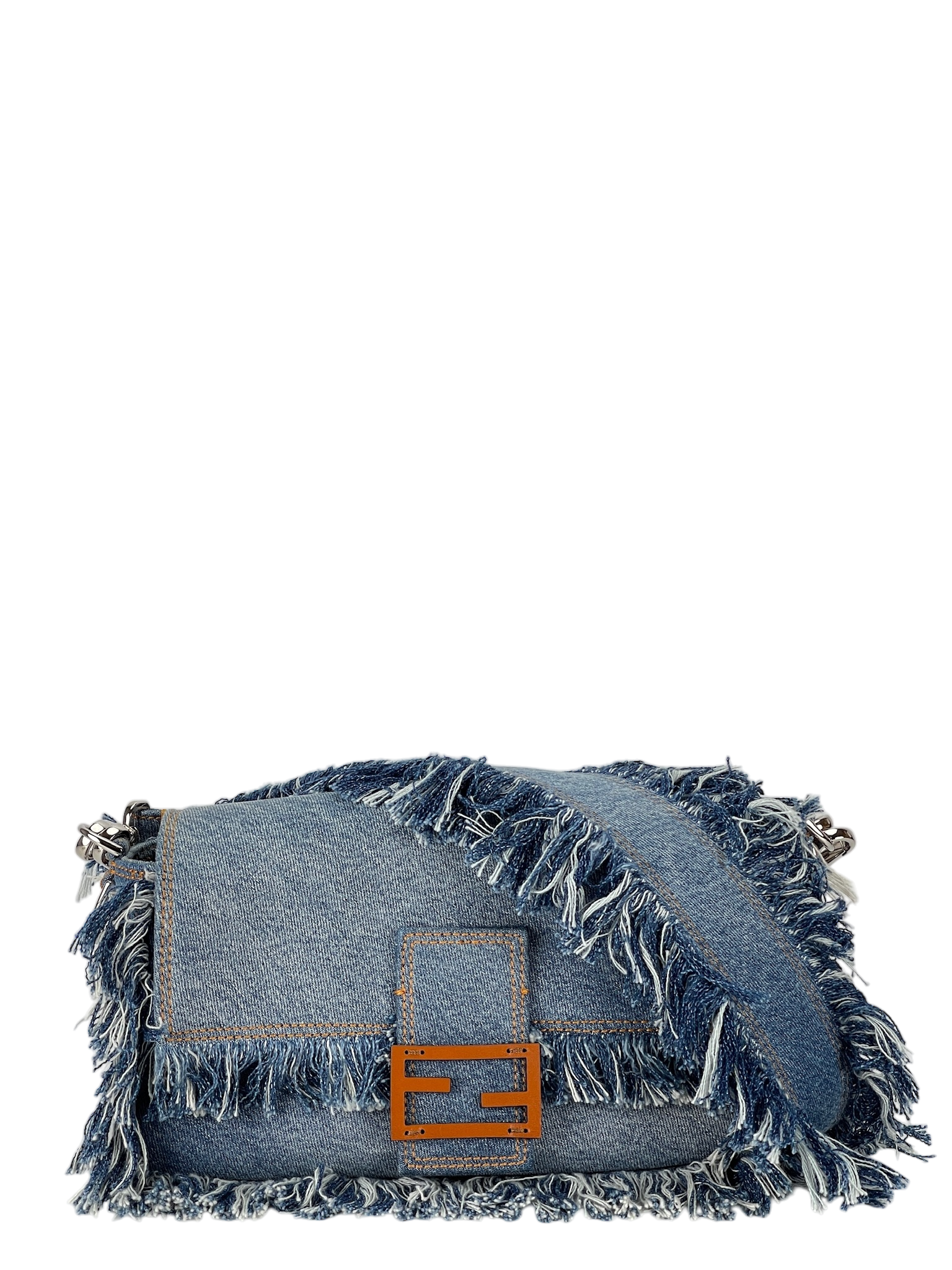 FENDI - Light Denim Lavato Leather Frayed Baguette Shoulder Bag