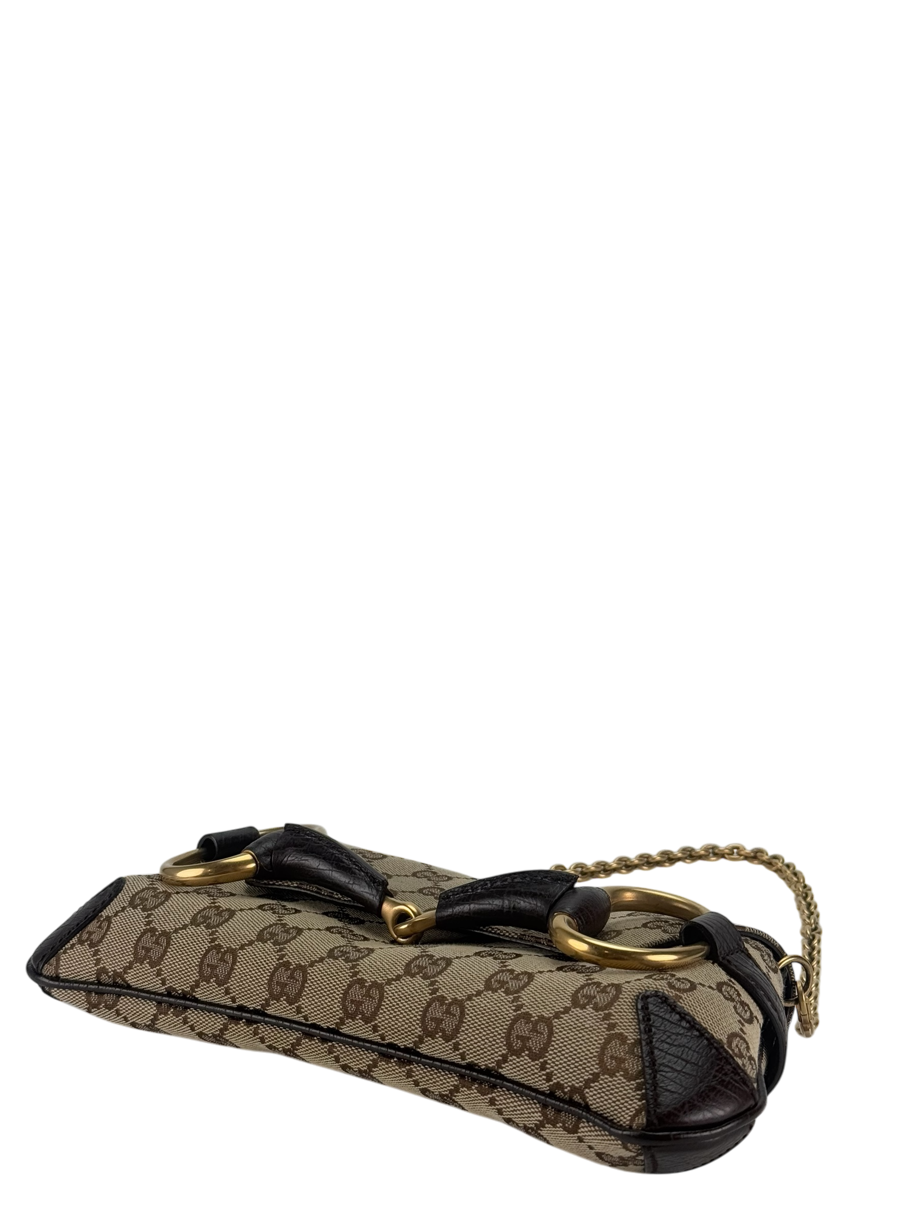 GUCCI -  Beige Brown 2WAY Horsebit Chain GG Canvas Handbag Clutch Bag