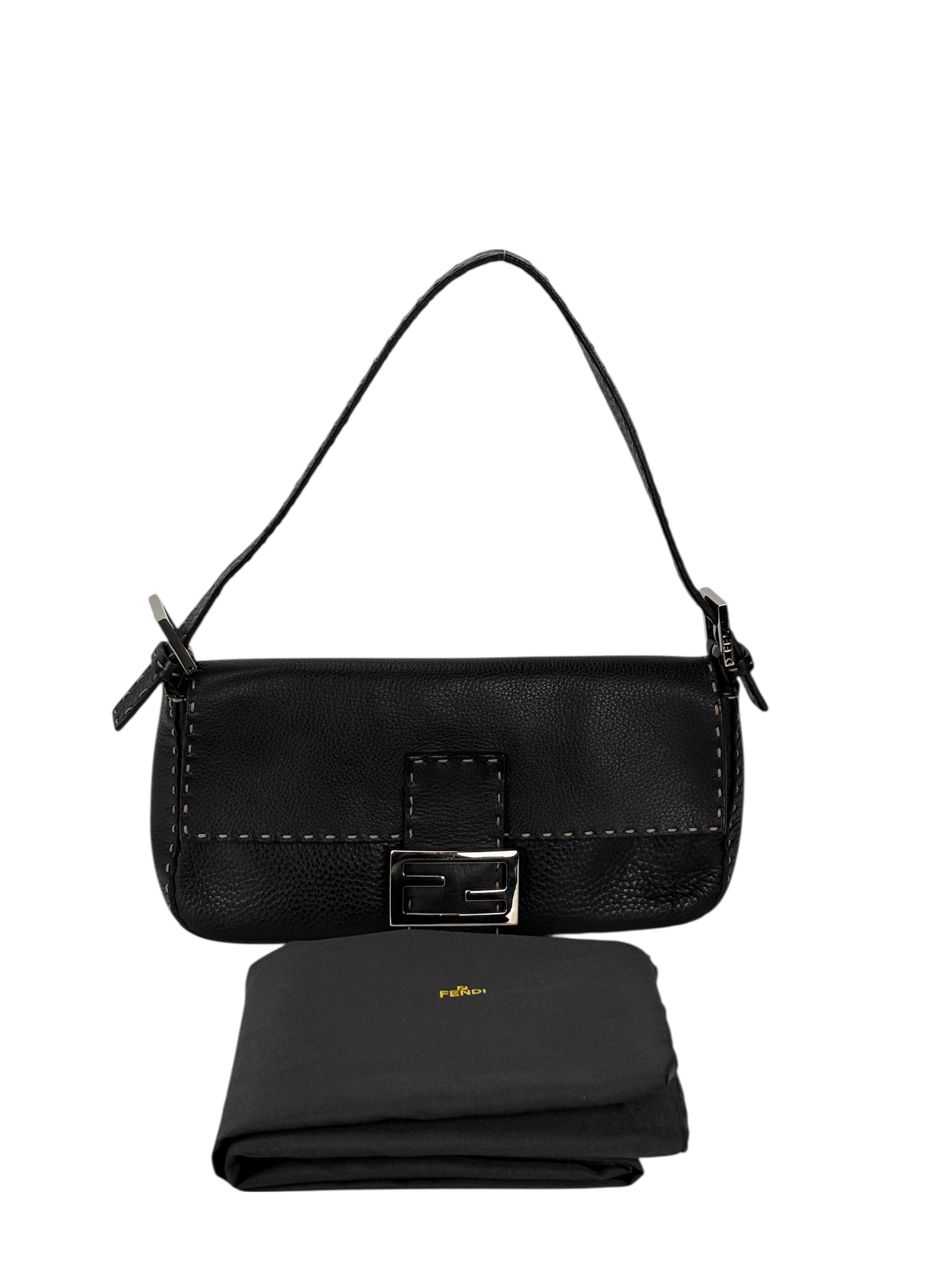 FENDI - Black Leather Selleria Baguette Bag