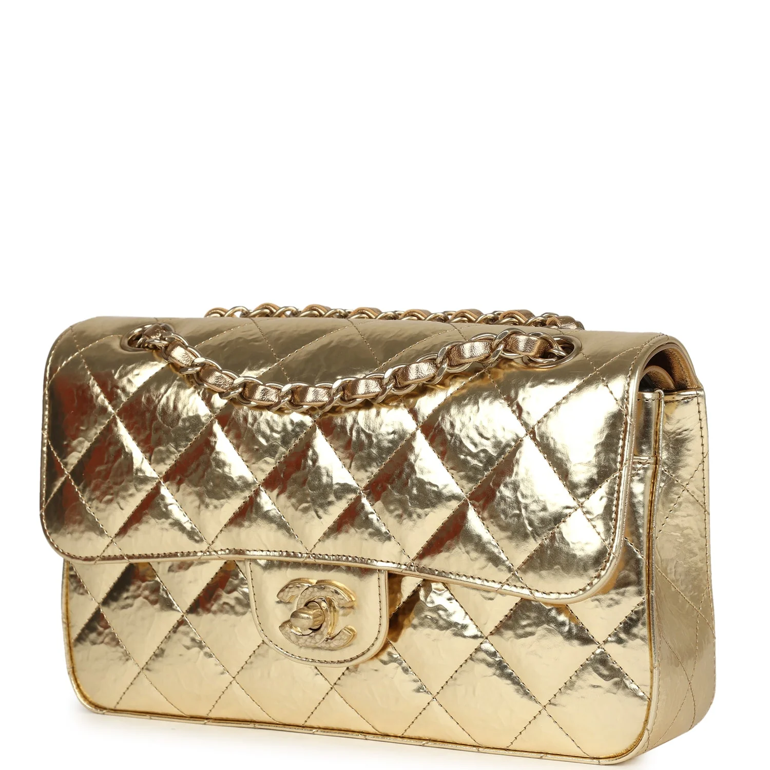 Chanel Small Classic Double Flap Gold Hammered Metallic Calfskin Brushed Gold Hardware
