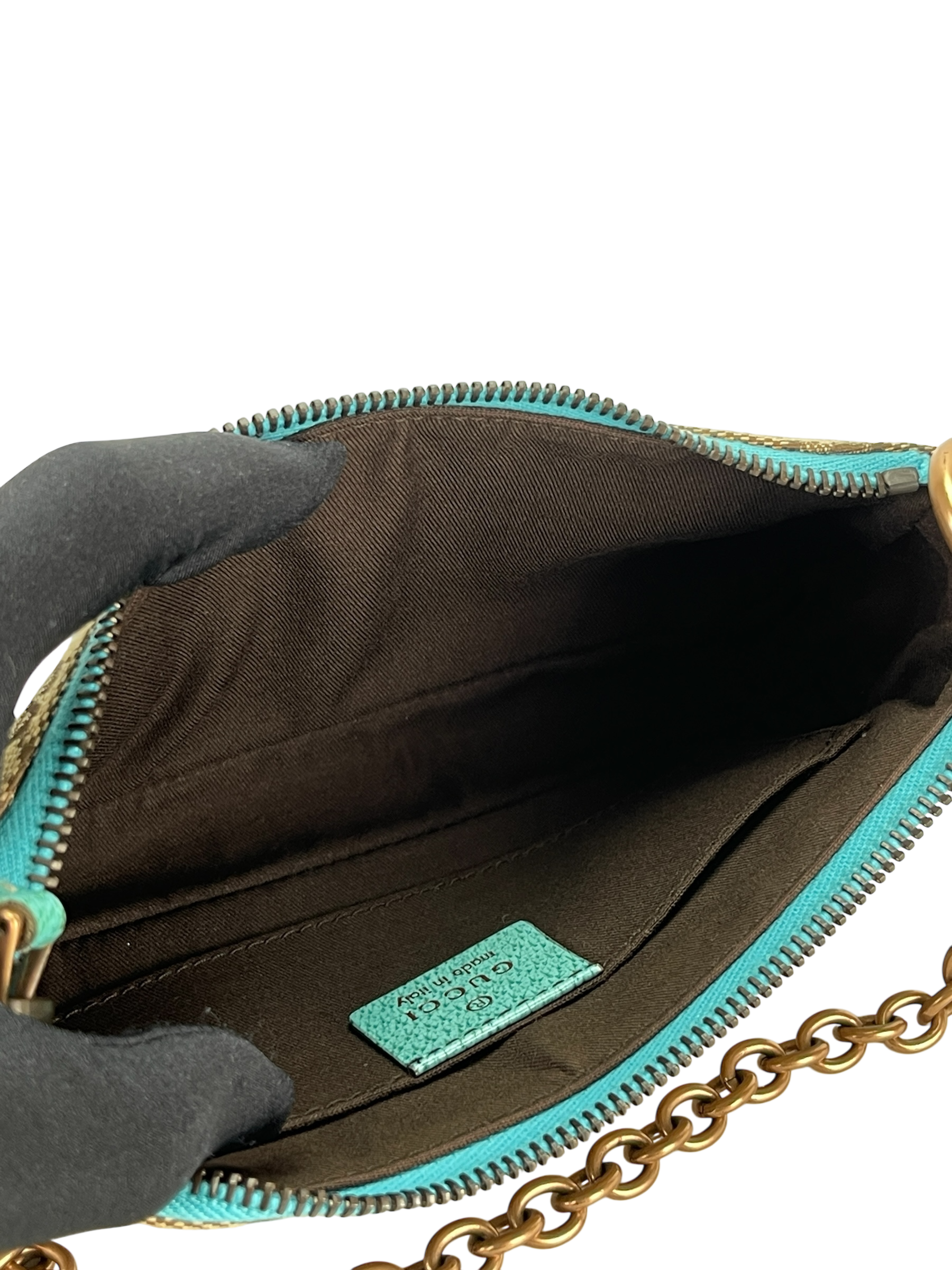 GUCCI - Beige Ophidia Blue Canvas Horsebit Nail Chain Shoulder Bag Pochette
