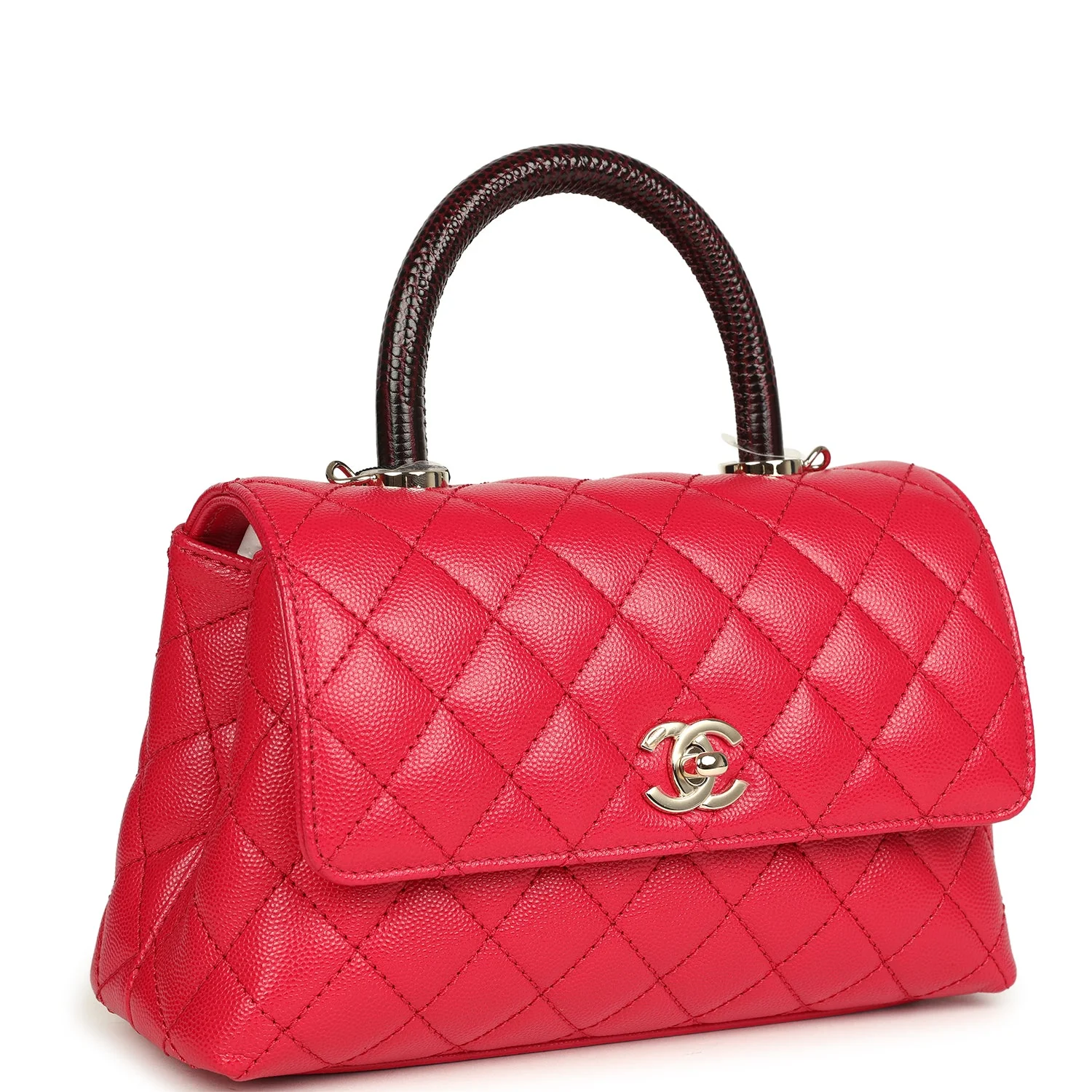 Chanel Small Coco Top Handle Flap Bag Dark Red Shiny Caviar and Burgundy Lizard Light Gold Hardware