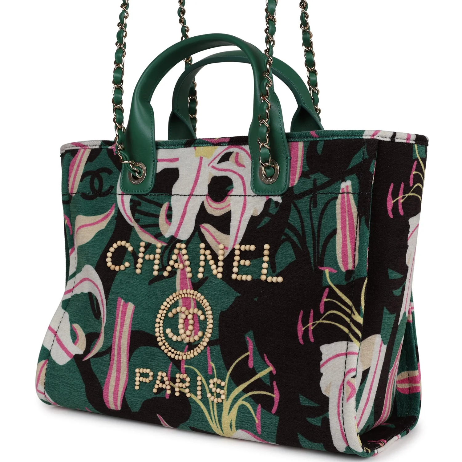 Chanel Small Deauville Shopping Tote Green and Pink Tropical Floral Velvet Light Gold Hardware