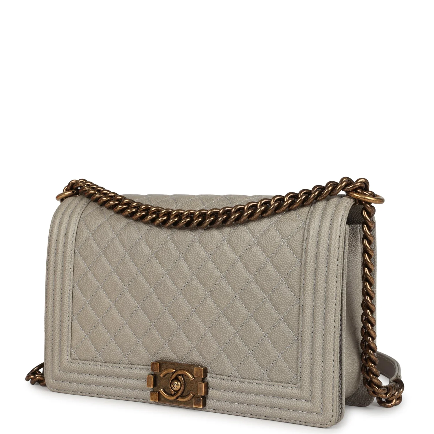 Pre-owned Chanel New Medium Boy Bag Grey Caviar Antique Gold Hardware