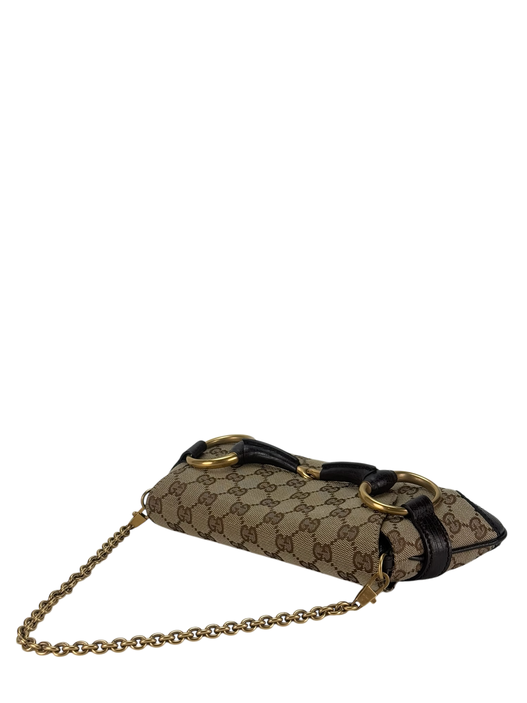 GUCCI -  Beige Brown 2WAY Horsebit Chain GG Canvas Handbag Clutch Bag