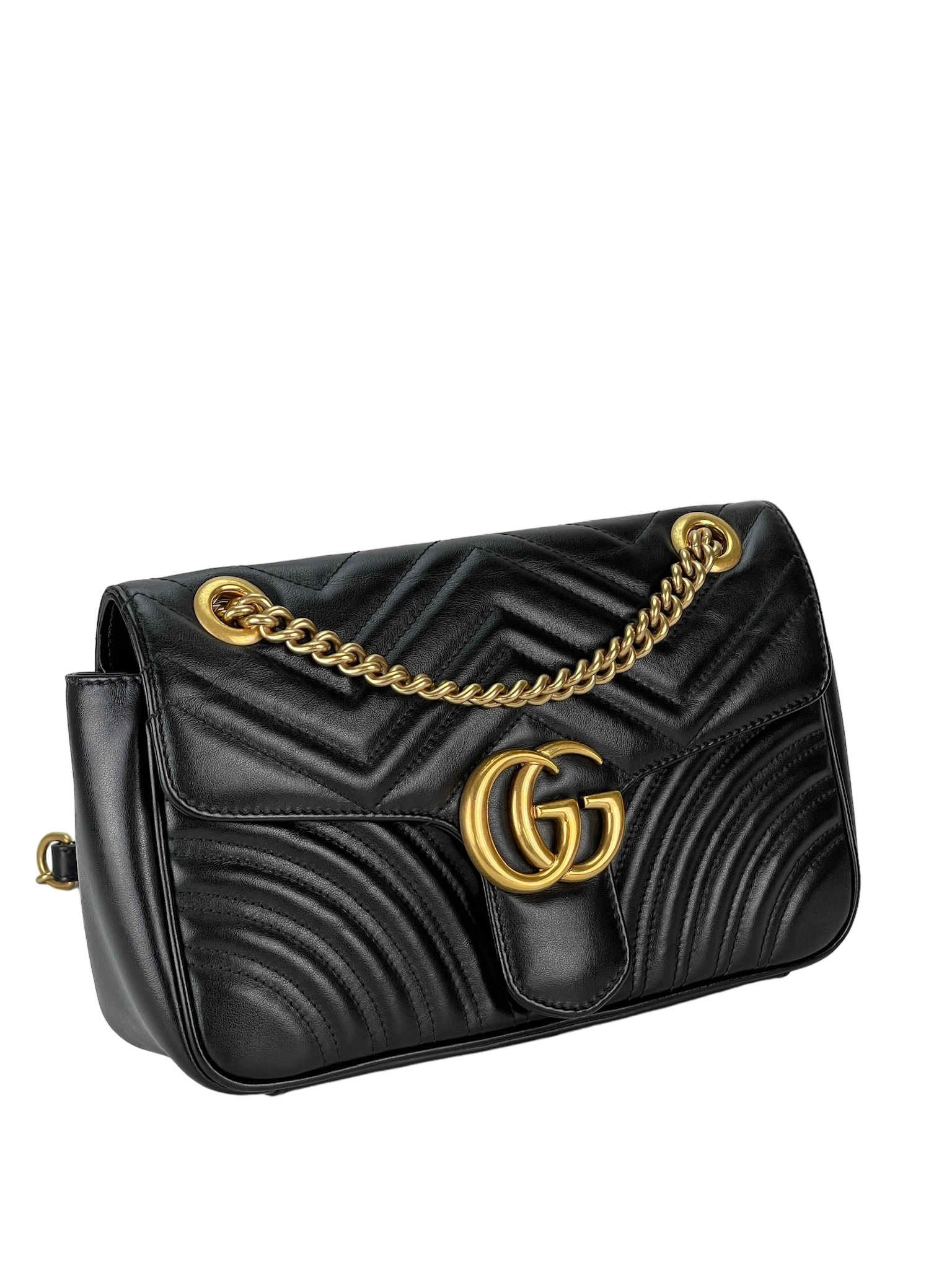 GUCCI - Black GG Marmont Medium Shoulder Bag Gold Hardware