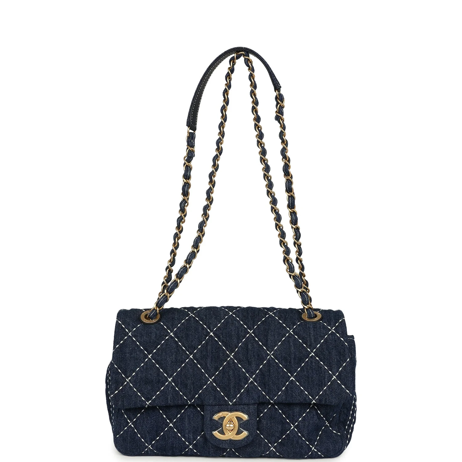 Pre-owned Chanel Medium Classic Flap Bag Blue Denim Aged Gold Hardware