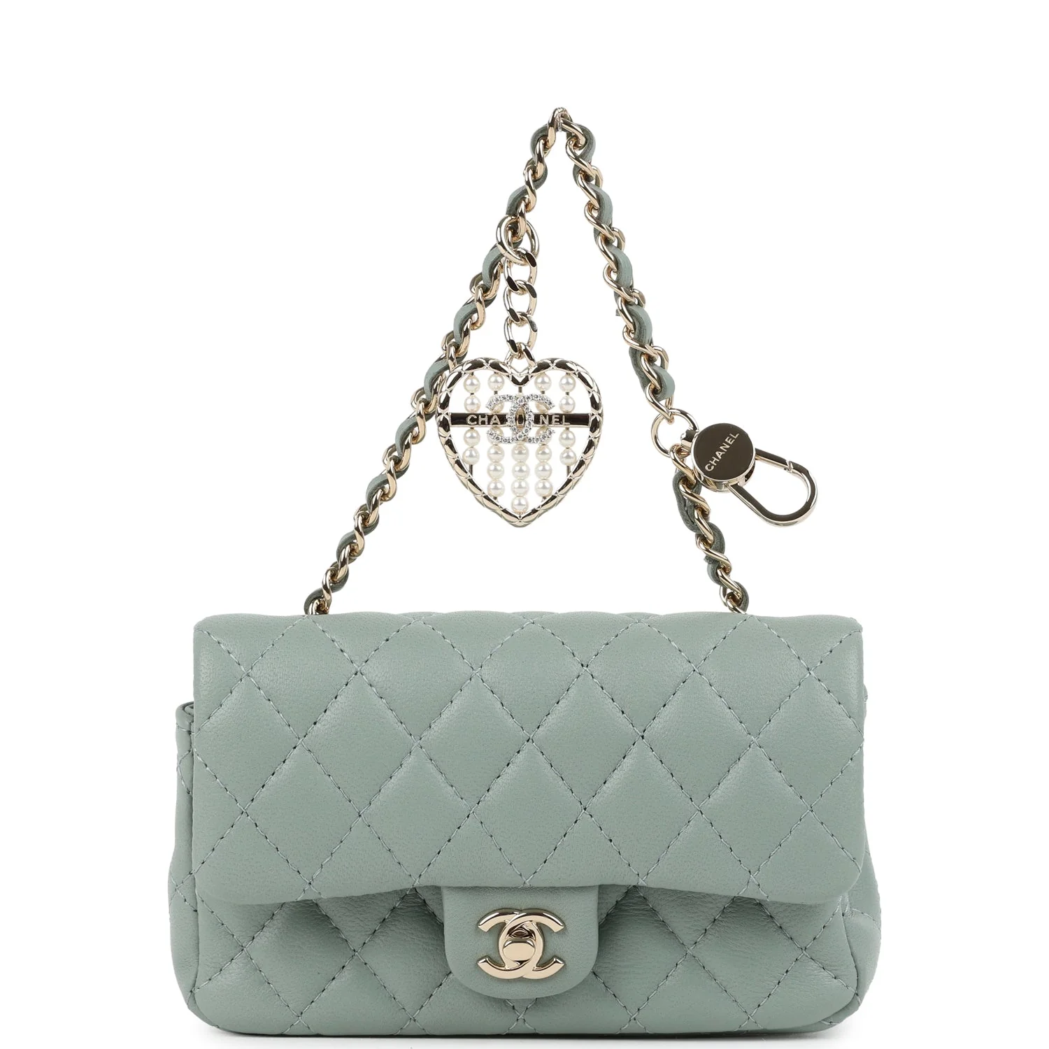 Chanel Nano Classic Double Flap Bag Charm Dark Green Lambskin Light Gold Hardware