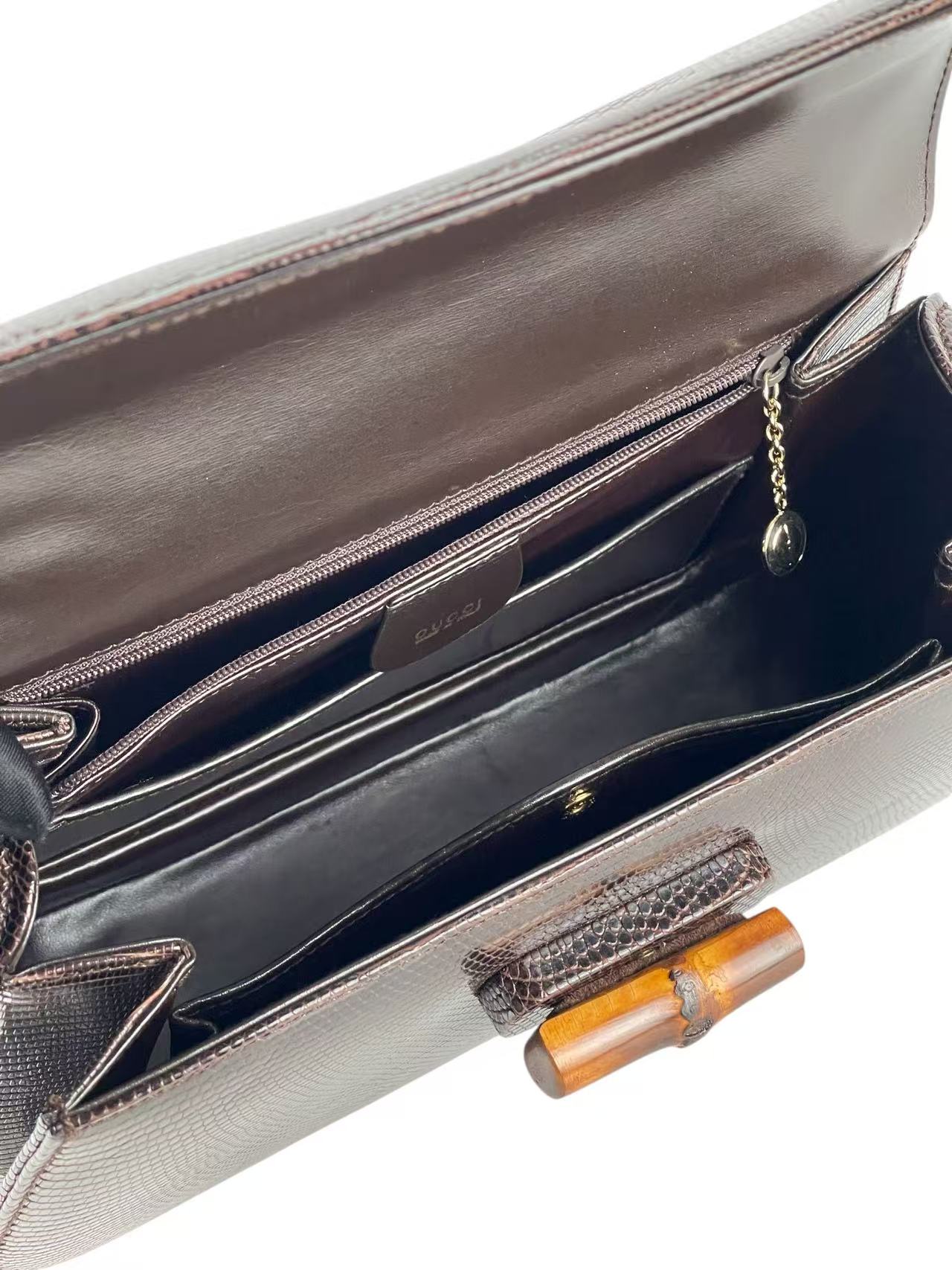 GUCCI - Brown Lizard Leather Bamboo Handbag