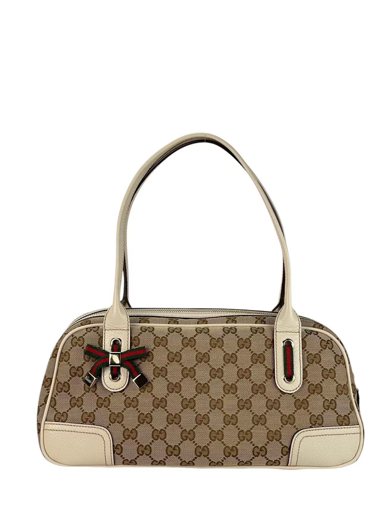 GUCCI - Monogram White Canvas Leather GG Mini Boston Bag