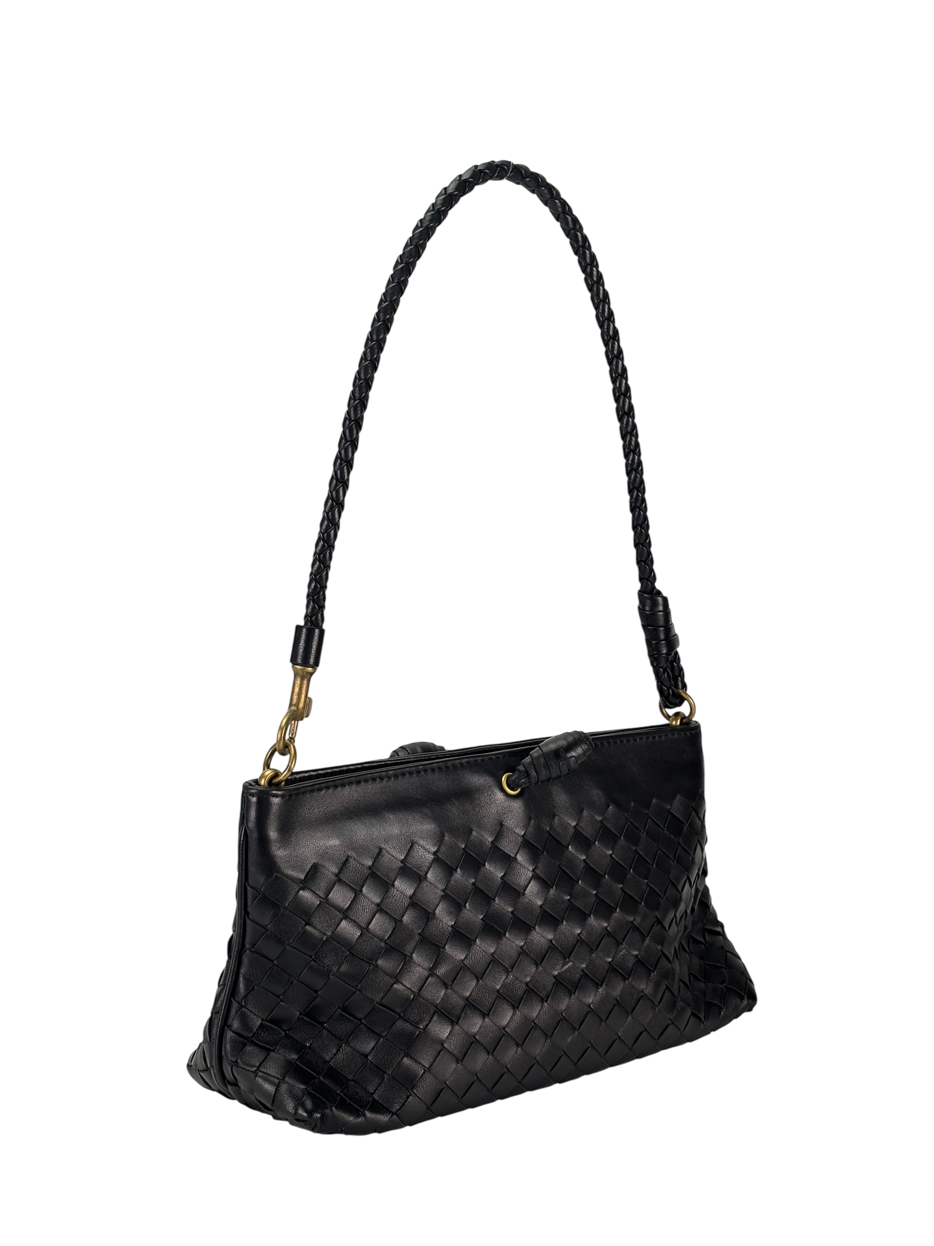 BOTTEGA VENETA - Black Lambskin Ebano Intrecciato Shoulder Bag