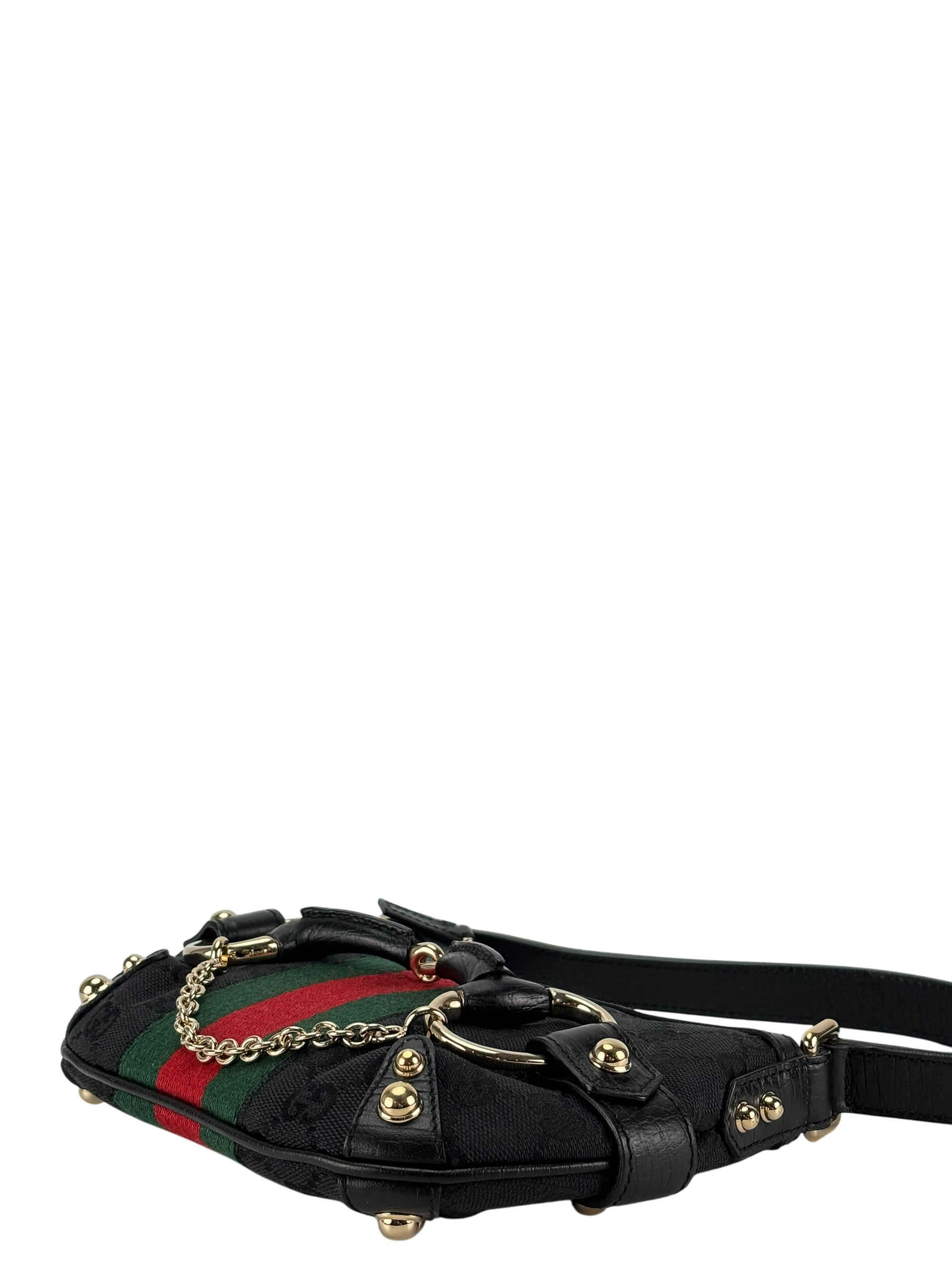 GUCCI - Black GG Monogram Small Horsebit Handbag