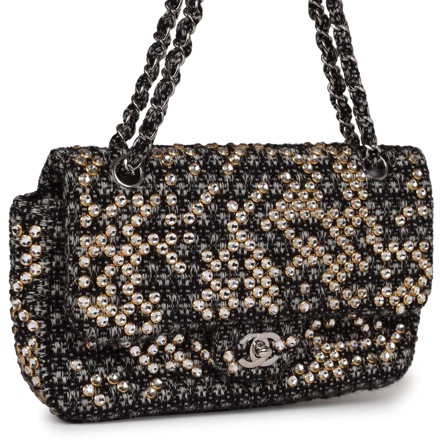 Pre-owned Chanel Medium Single Flap Black and White Tweed With Crystals Silver Hardware