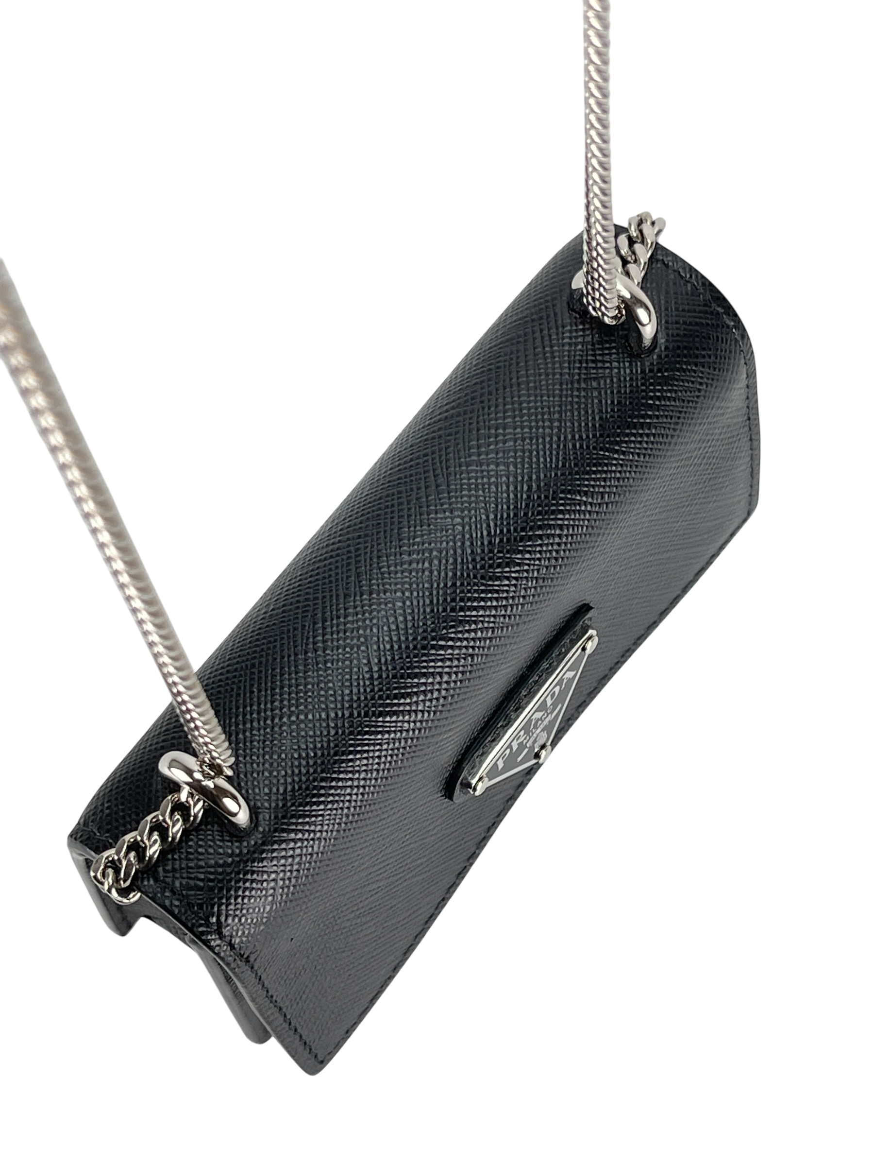 PRADA - Black Saffiano leather card holder with shoulder strap