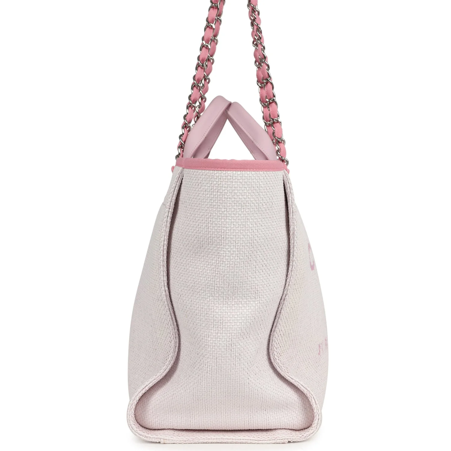 Pre-owned Chanel Medium Deauville Shopping Tote Light Pink Raffia and Canvas Silver Hardware
