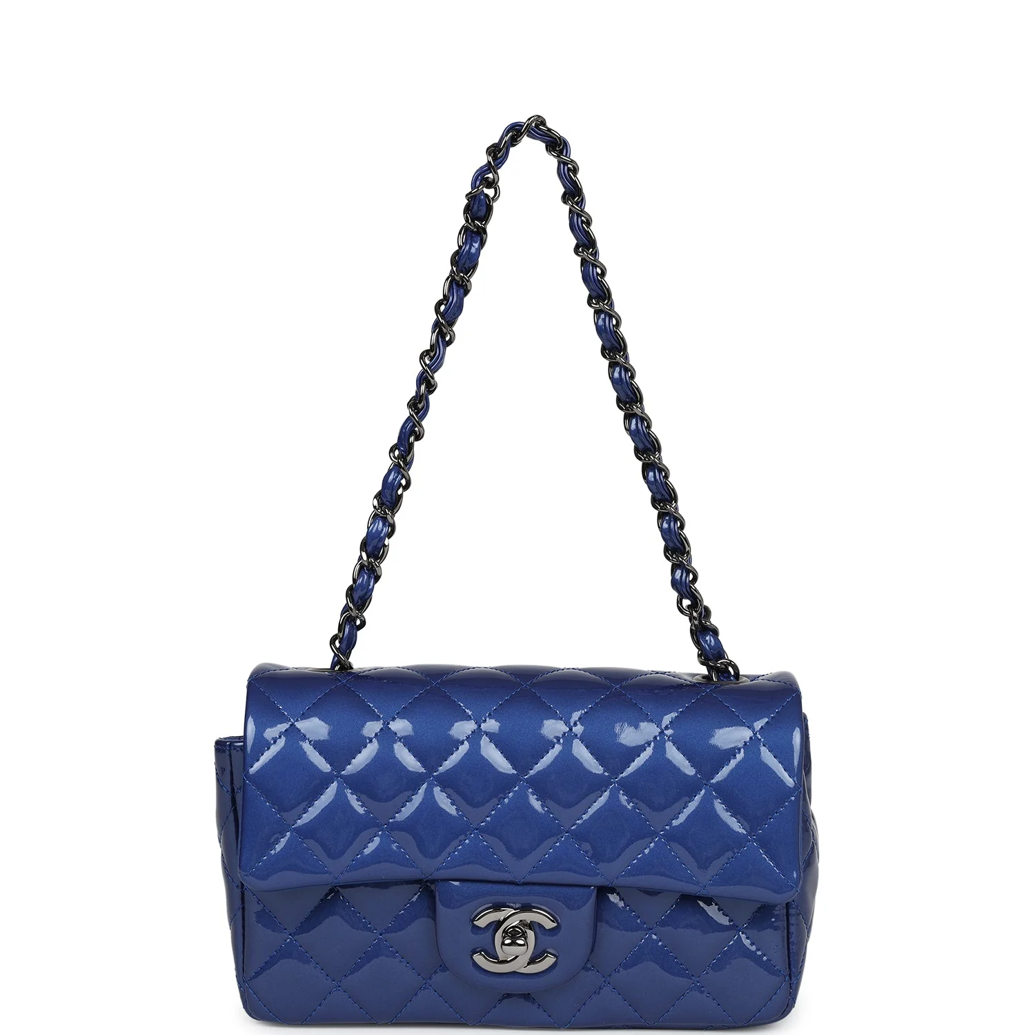 Pre-owned Chanel Mini Rectangular Flap Bag Blue Patent Ruthenium Hardware