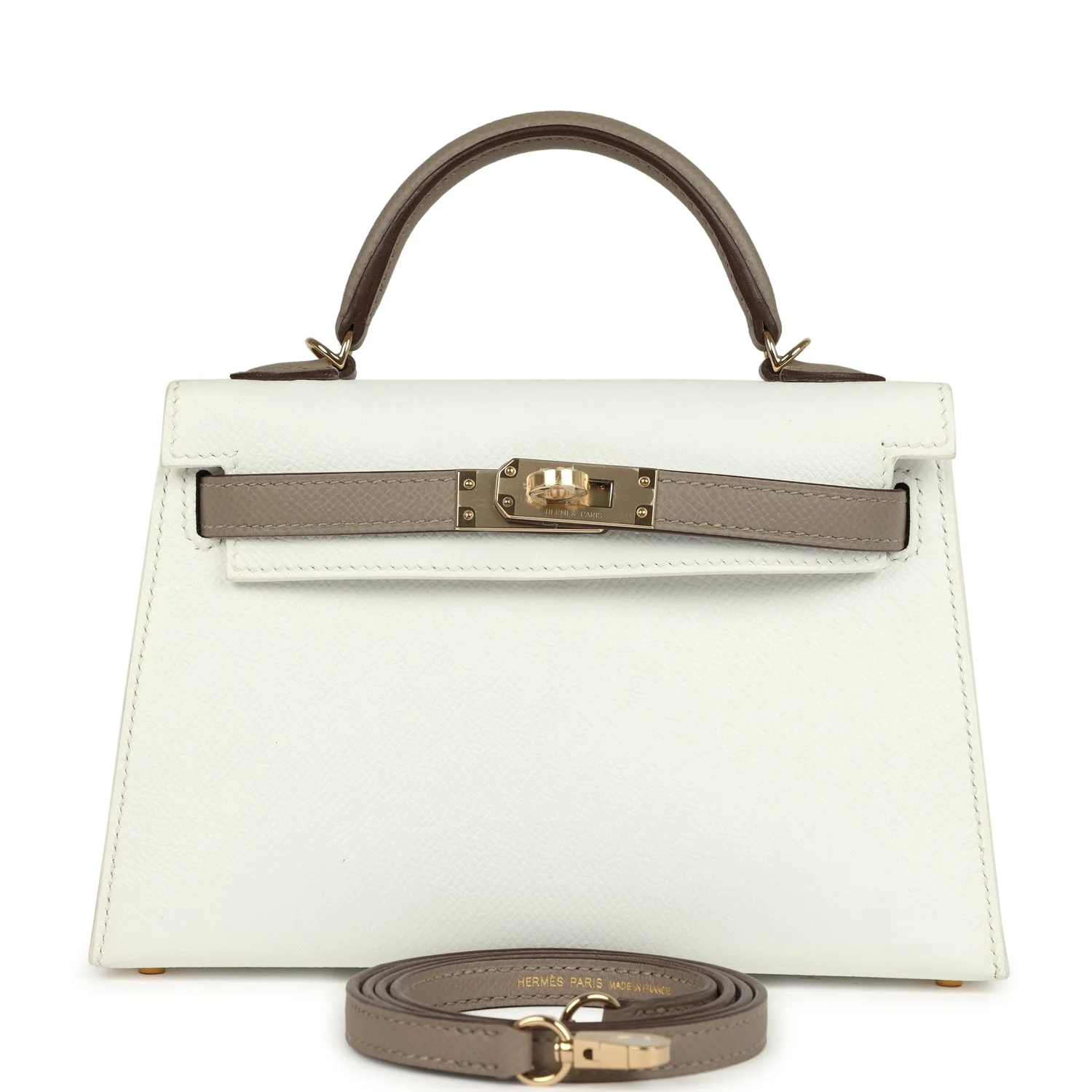Hermes Special Order (HSS) Kelly Sellier 20 White and Gris Asphalte Epsom Permabrass Hardware