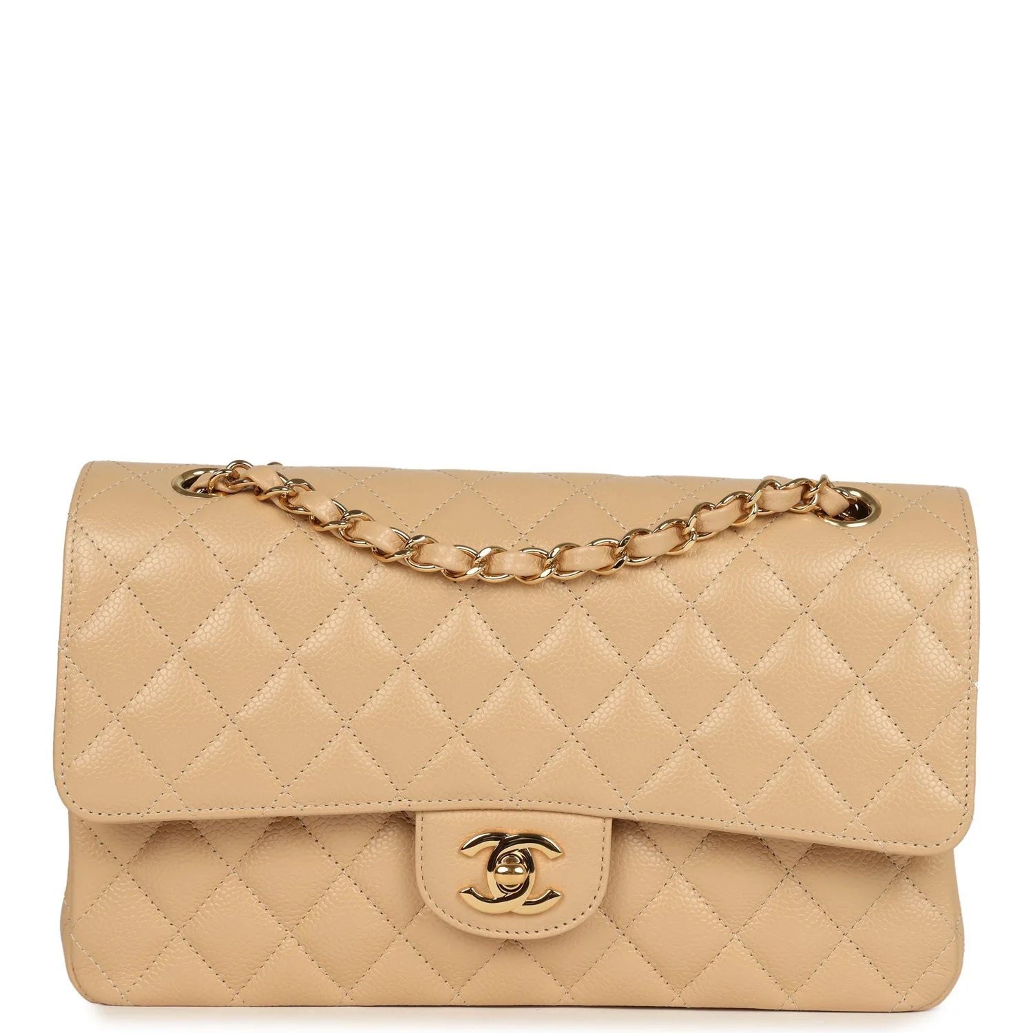 Pre-owned Chanel Medium Classic Double Flap Beige Caviar Gold Hardware