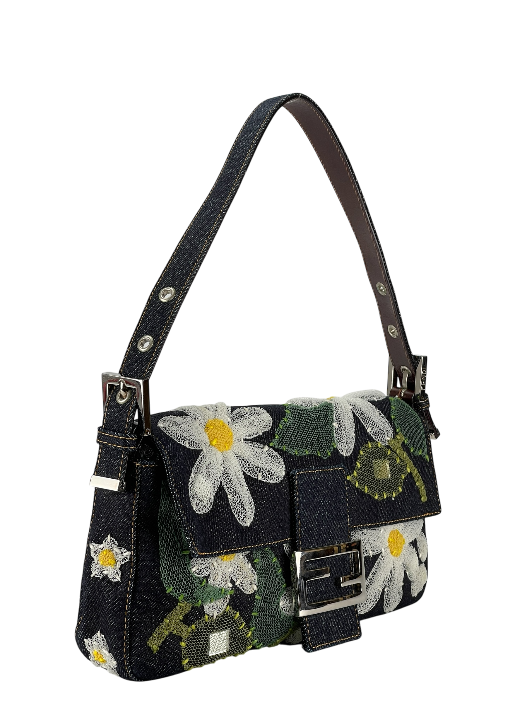 FENDI - Blue Denim Baguette in Dark Embroided Flowers