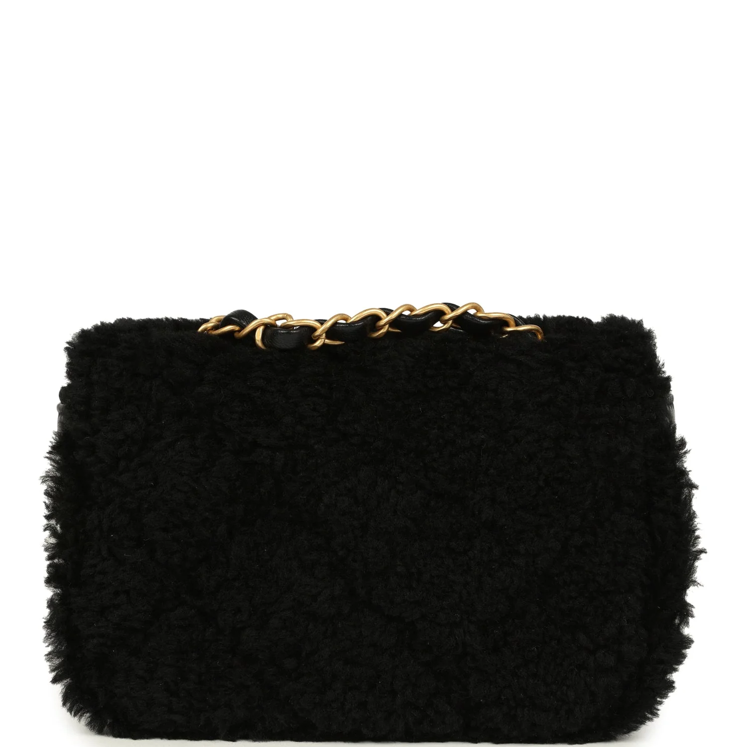 Chanel Mini Shearling Flap Bag Black Lambskin Brushed Gold Hardware