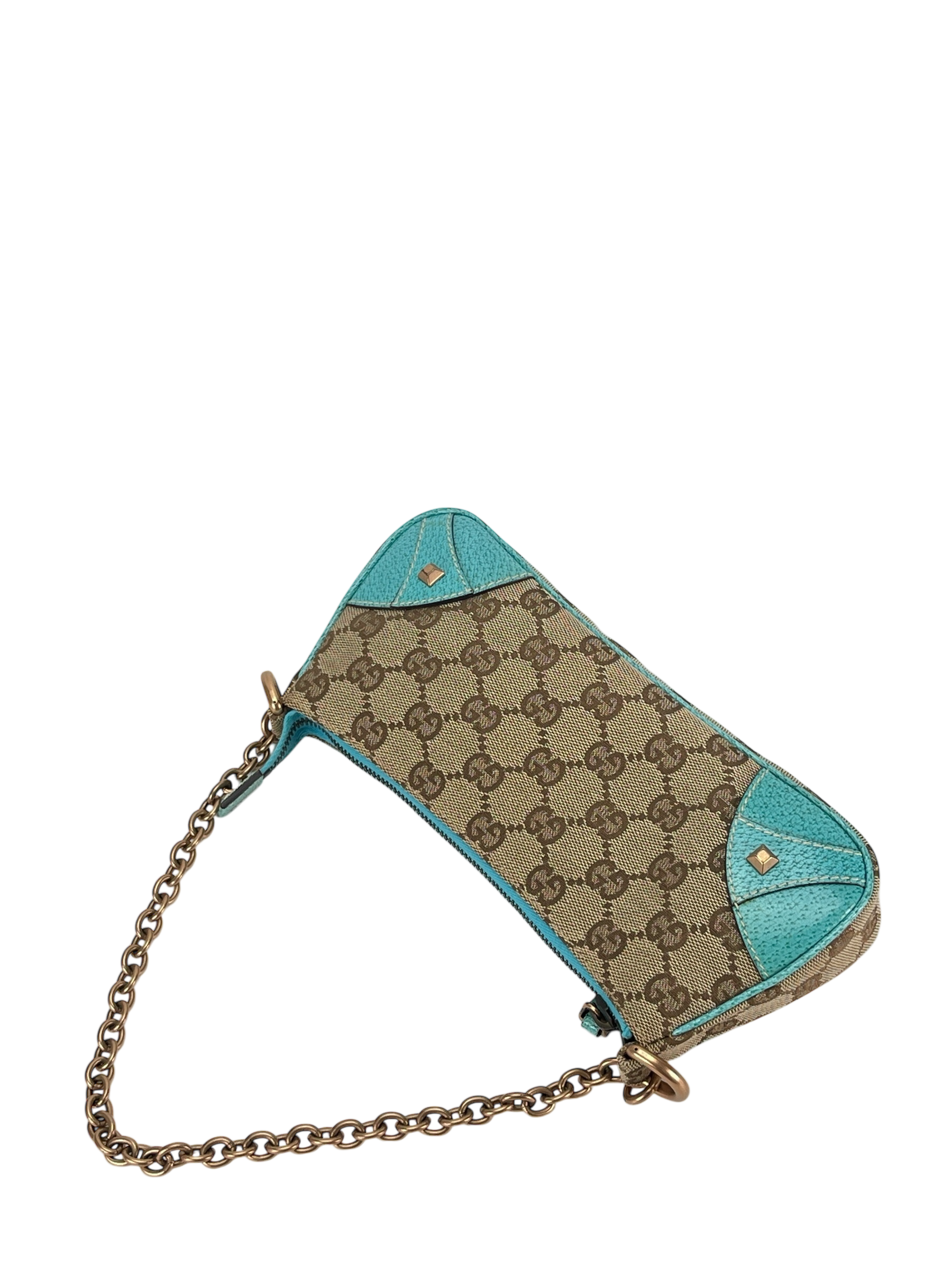 GUCCI - Beige Ophidia Blue Canvas Horsebit Nail Chain Shoulder Bag Pochette