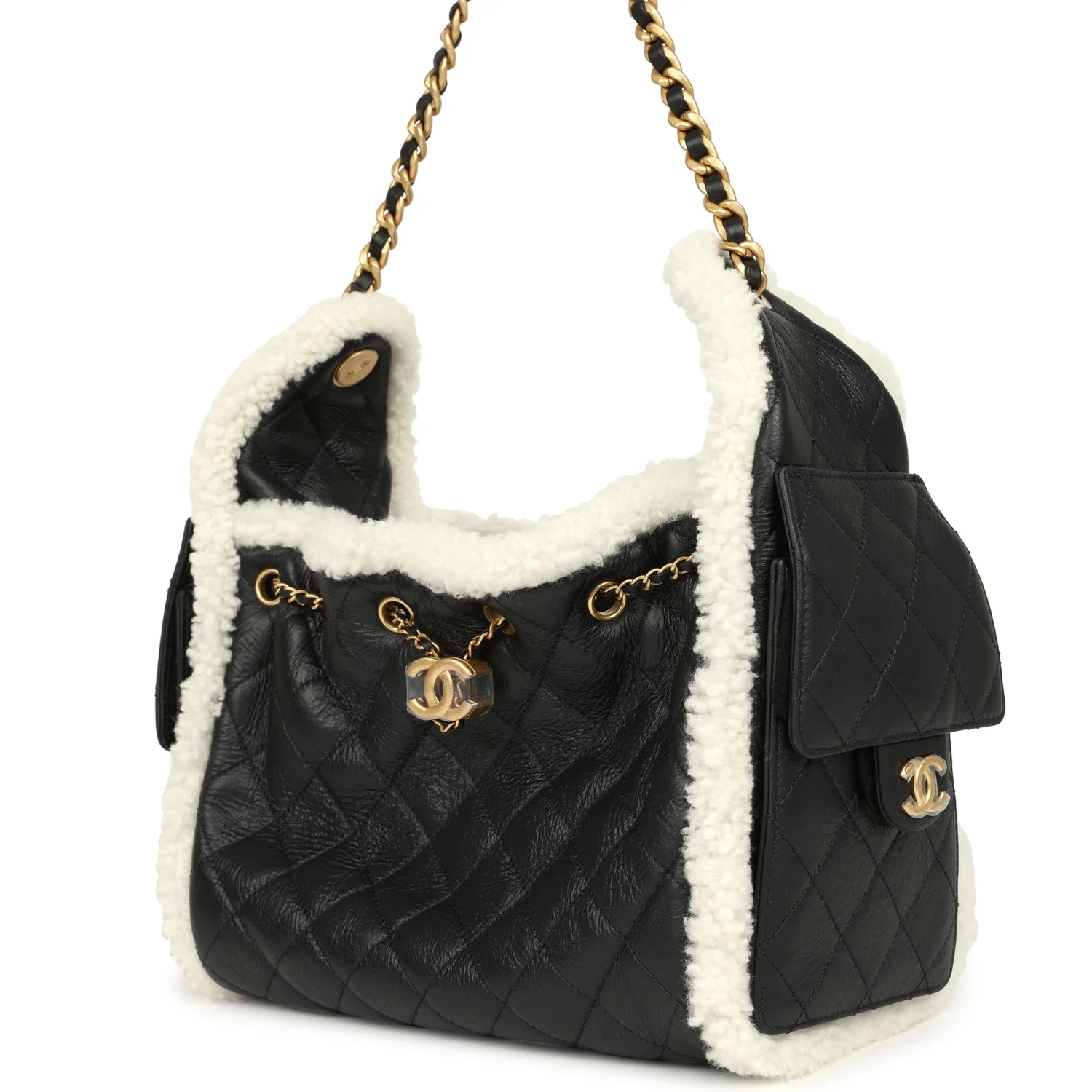 Chanel Small 25 Hobo Bag Black Crumpled Sheepskin and White Shearling Antique Gold Hardware