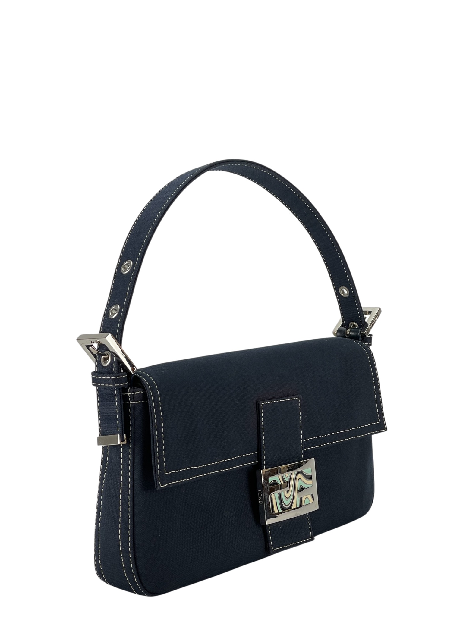 FENDI - Navy Canvas Baguette Handbag Silver-tone Hardware