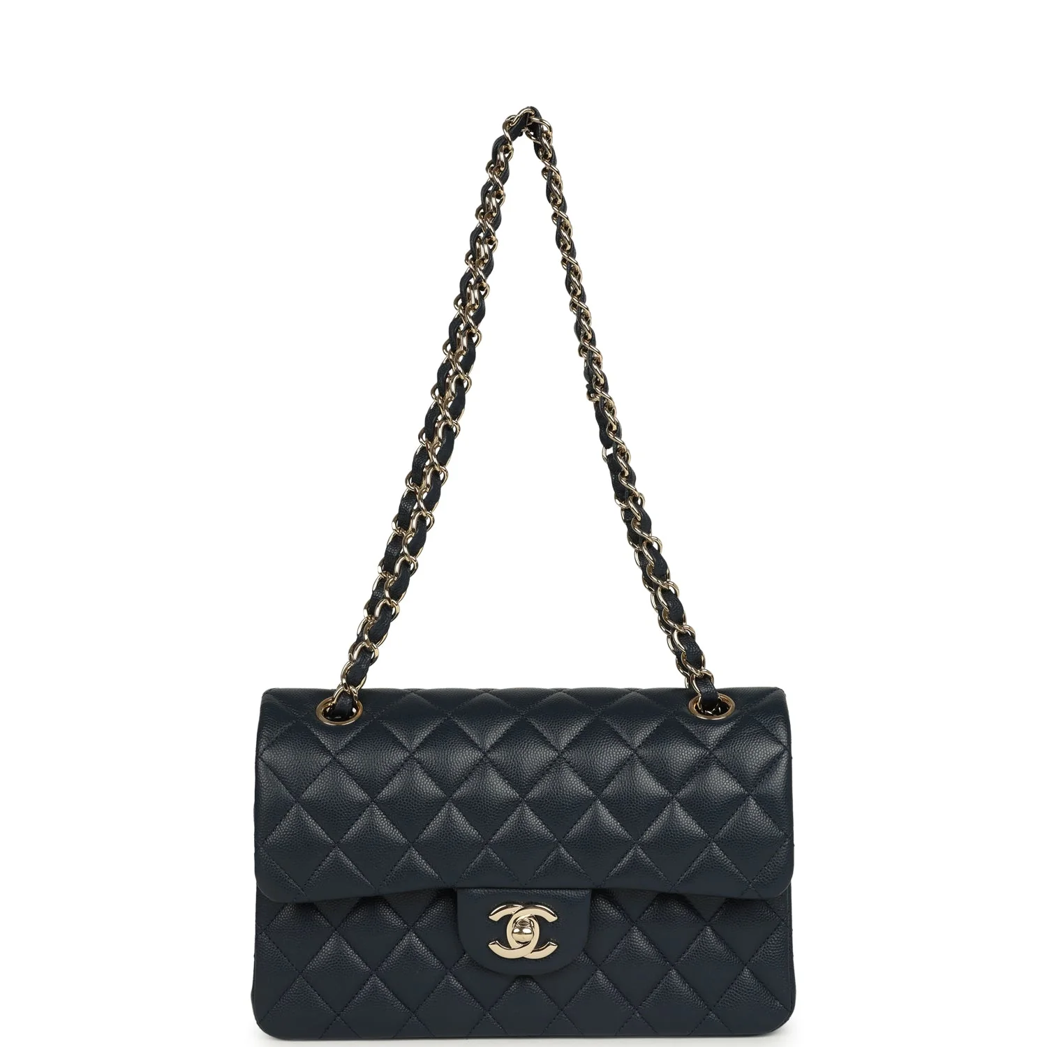 Pre-owned Chanel Small Classic Double Flap Bag Dark Blue Caviar Light Gold Hardware