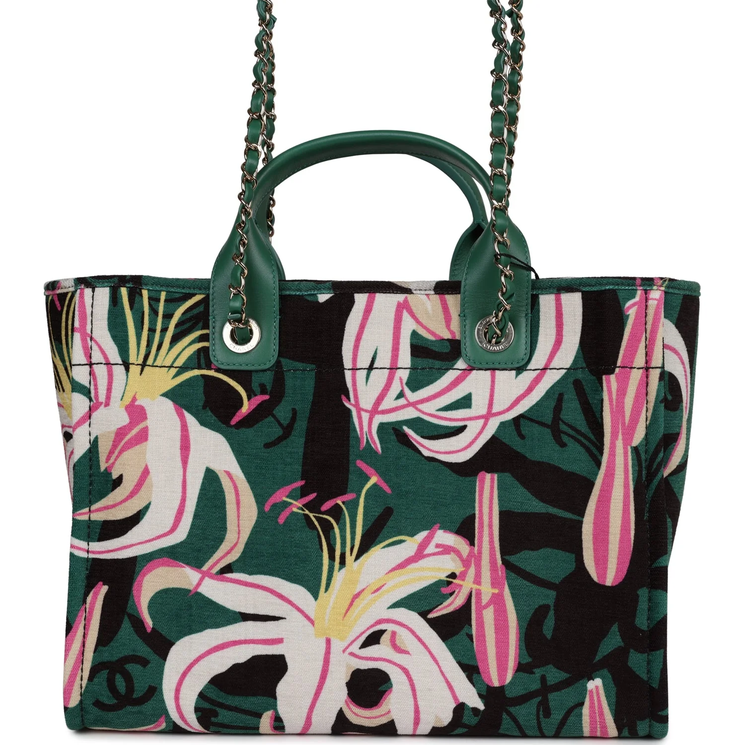 Chanel Small Deauville Shopping Tote Green and Pink Tropical Floral Velvet Light Gold Hardware