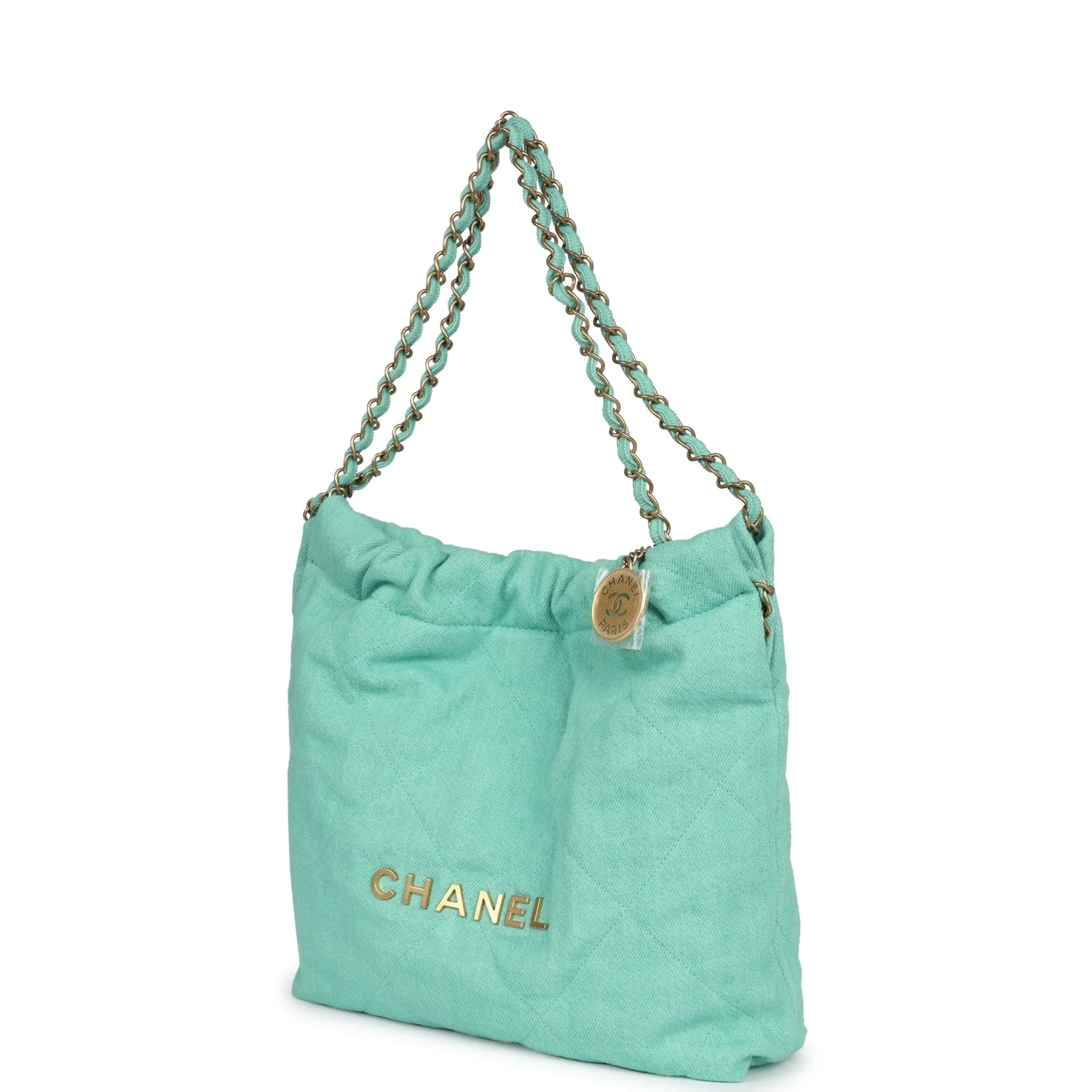 Chanel Small 22 Bag Light Green Washed Denim Gold Hardware