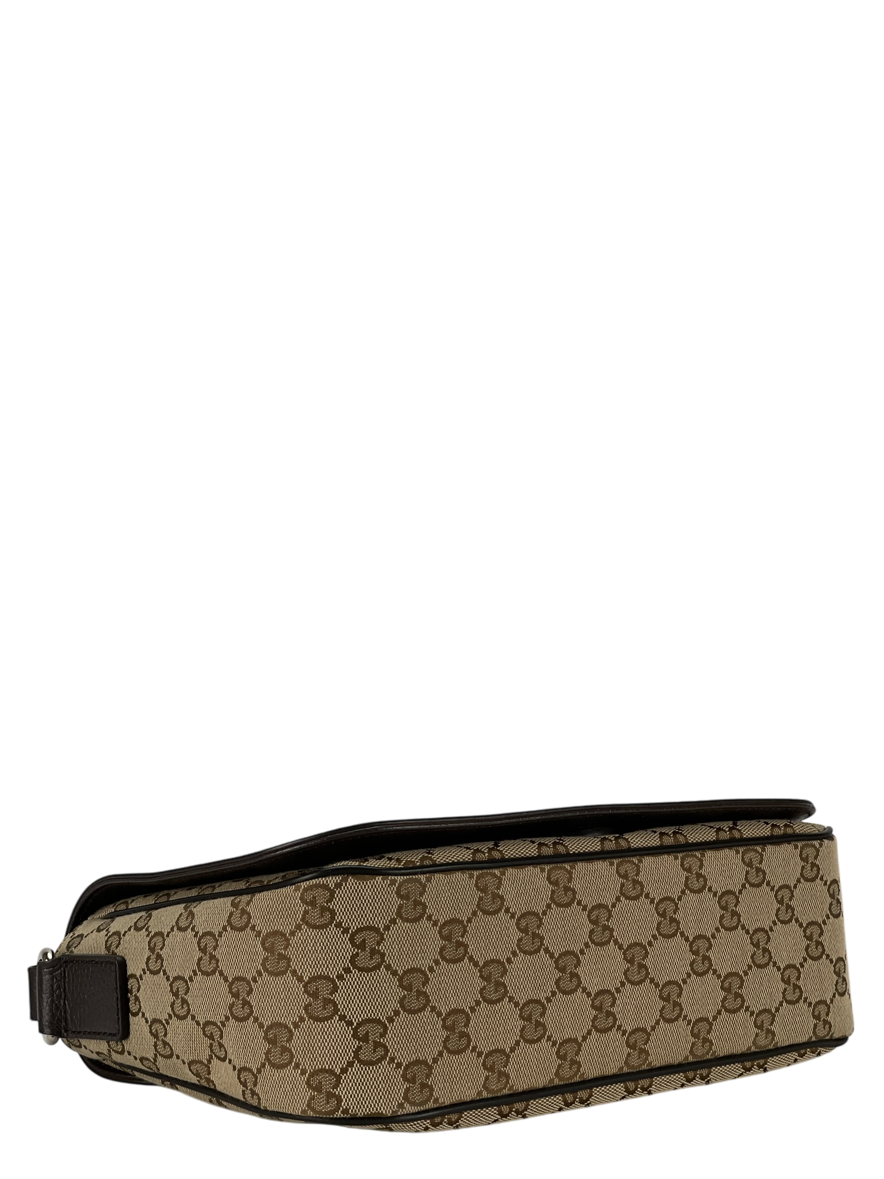 GUCCI  - Beige Brown GG Canvas Leather Flap Crossbody Bag Shoulder Bag