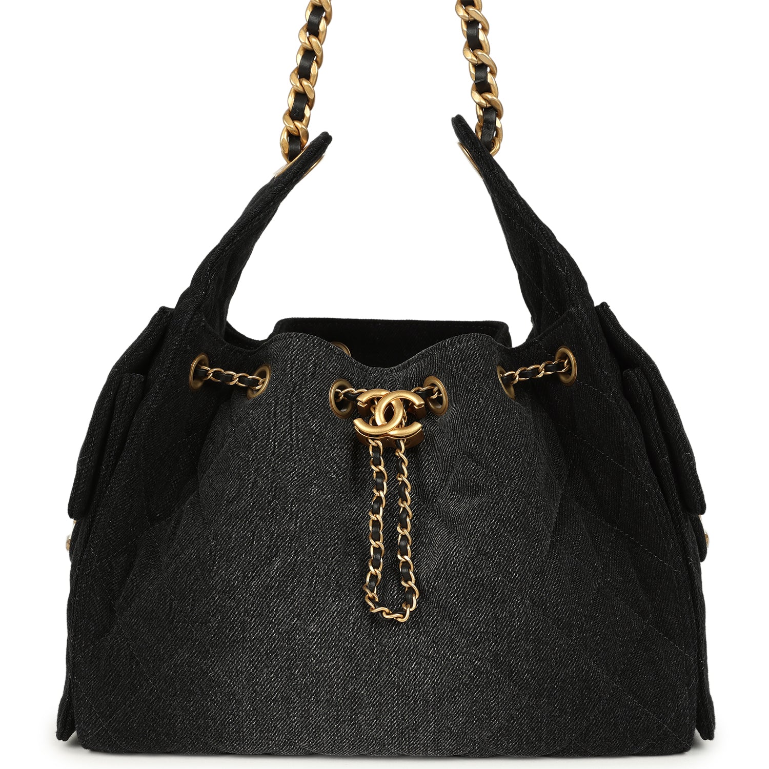 Chanel Small 25 Hobo Bag Black Washed Denim Antique Gold Hardware