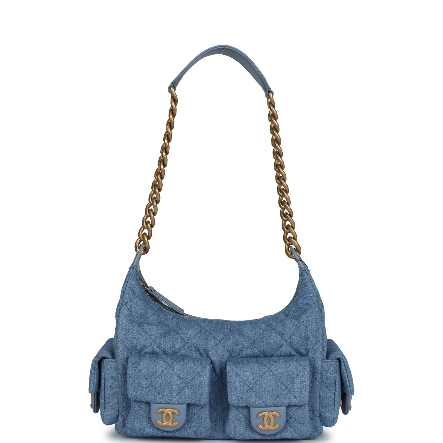Chanel Large Cargo Hobo Bag Light Blue Washed Denim Brushed Gold Hardware