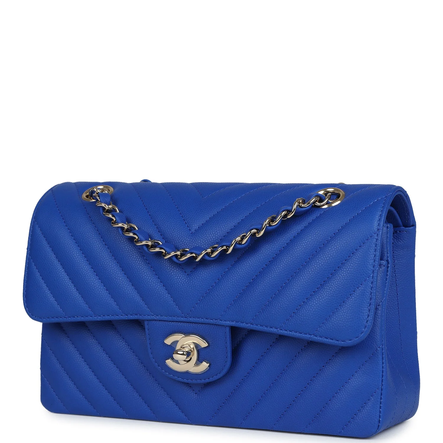 Chanel Small Classic Double Flap Blue Chevron Caviar Light Gold Hardware
