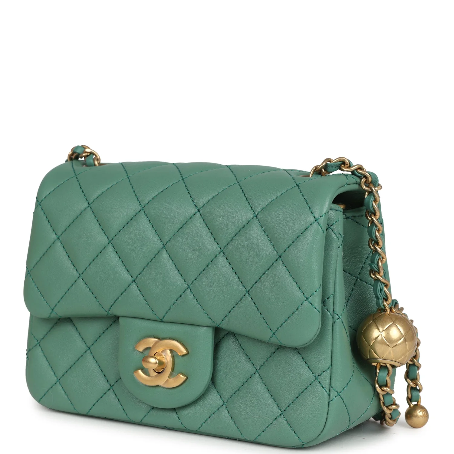 Chanel Mini Square Pearl Crush Flap Bag Green Lambskin Antique Gold Hardware