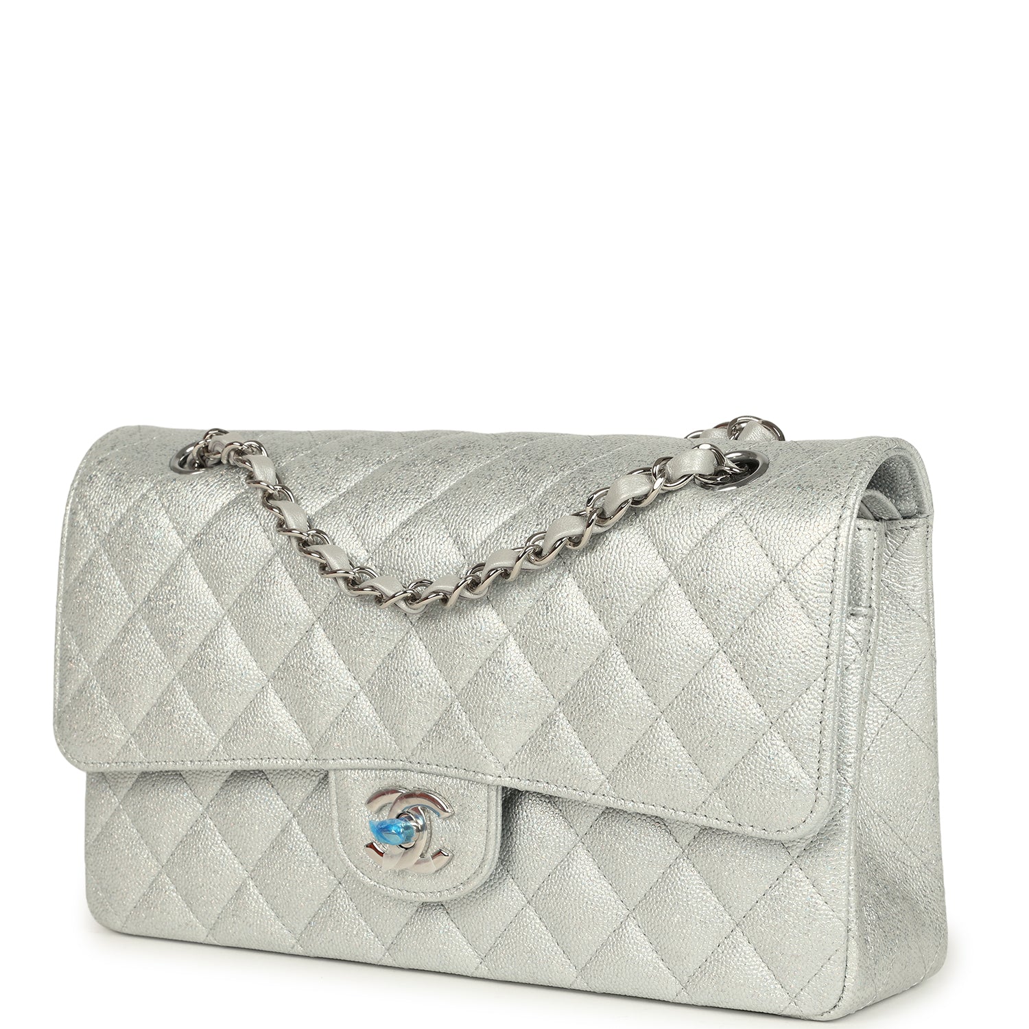 Chanel Medium Classic Double Flap Silver Glitter Caviar Silver Hardware