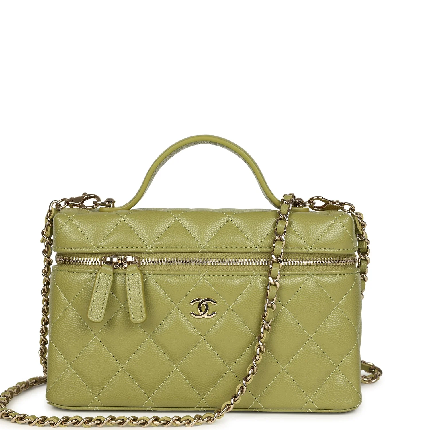 Chanel Top Handle Long Vanity Case with Chain Khaki Shiny Caviar Light Gold Hardware