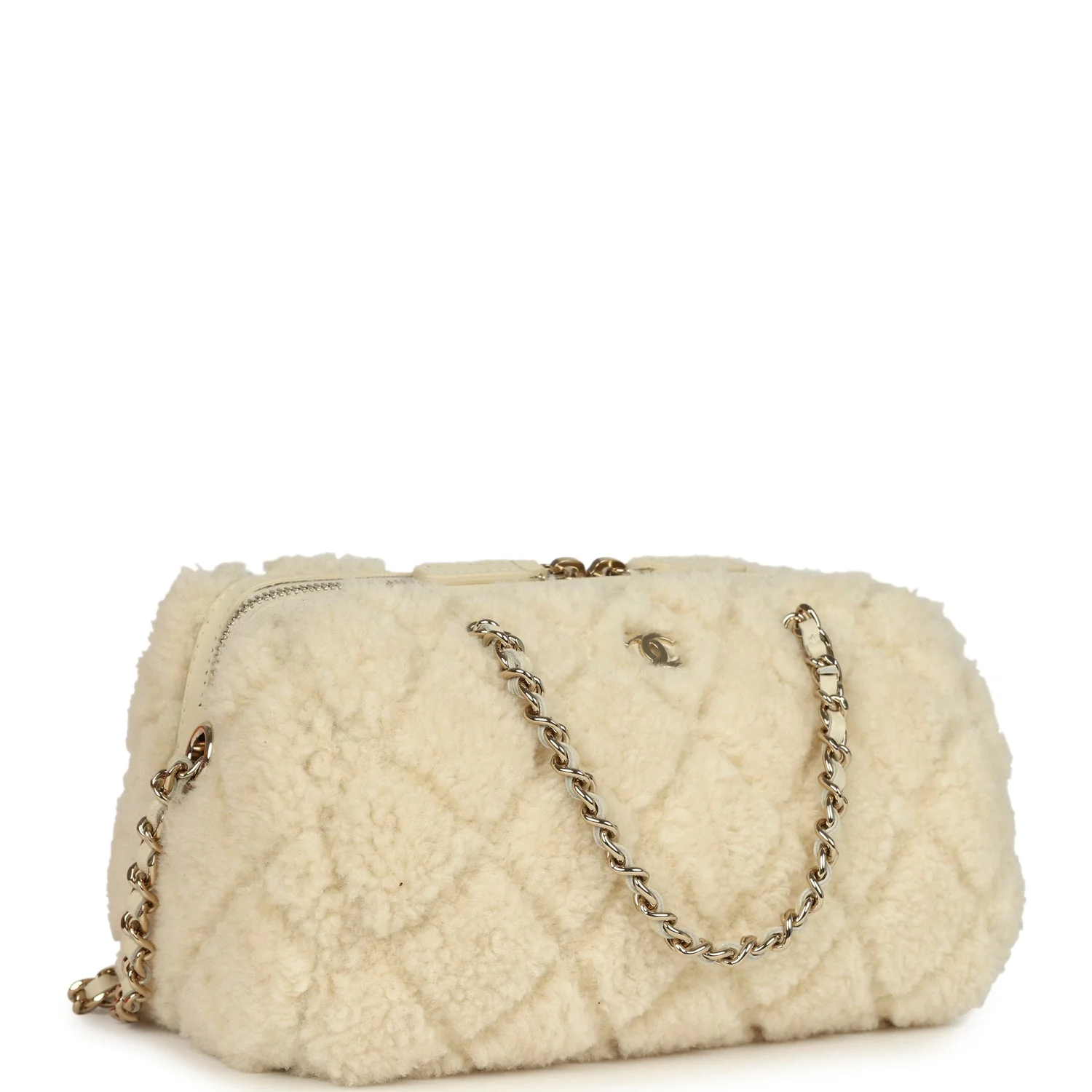 Chanel Mini Timeless Classic Barrel Bag with Chain Beige Shearling Light Gold Hardware