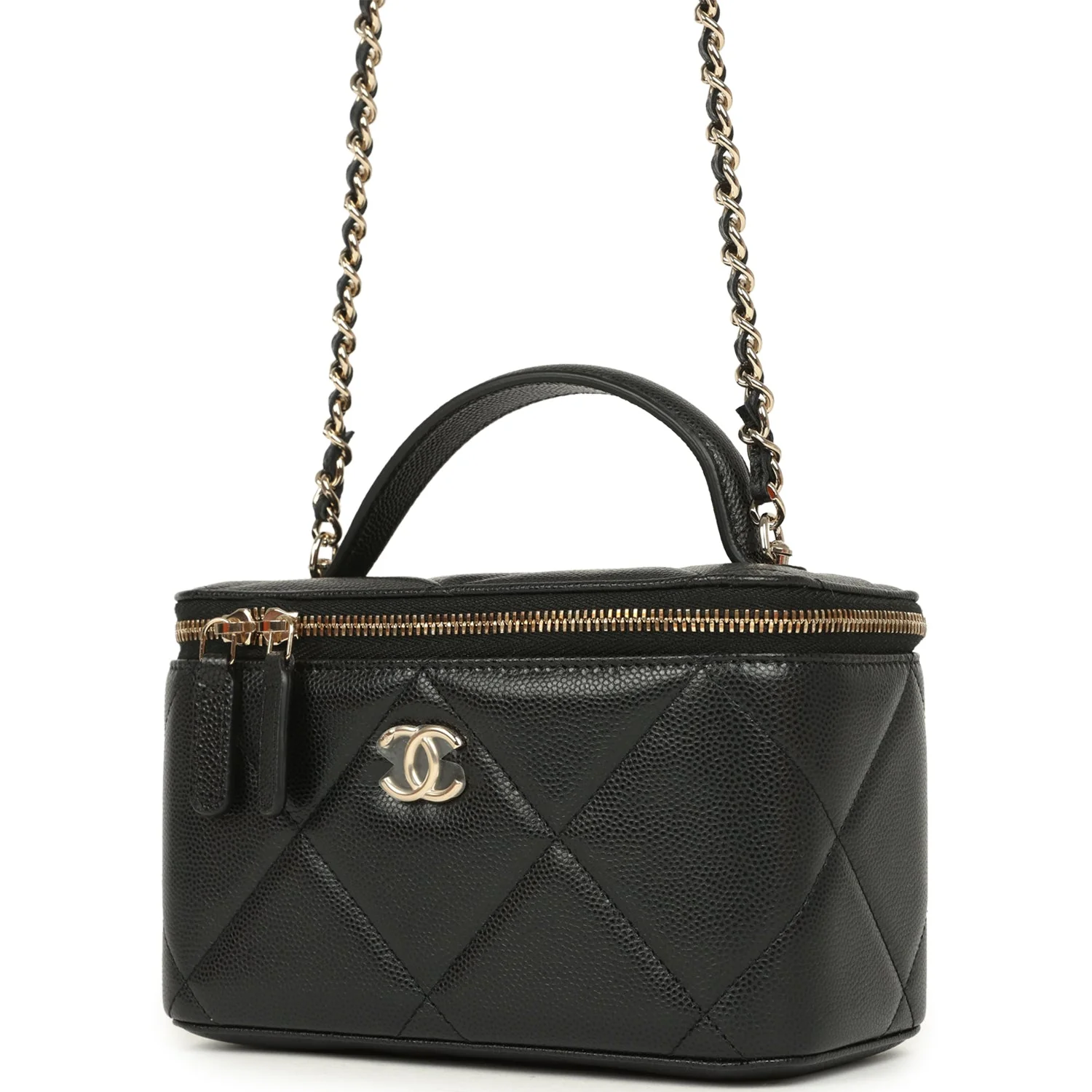Chanel Small Top Handle Vanity Case Black Caviar Light Gold Hardware
